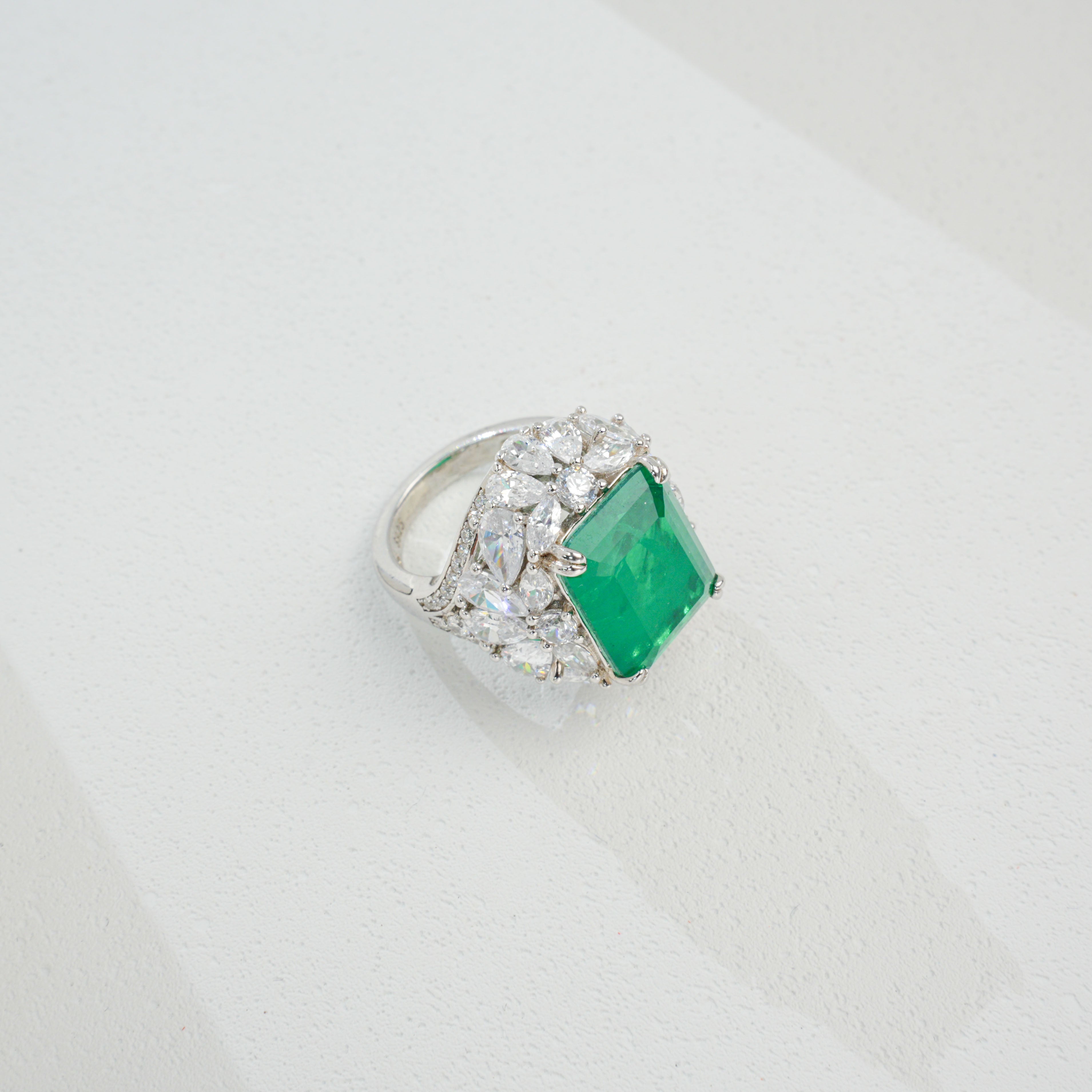 Rectangle Emerald Halo Statement Ring