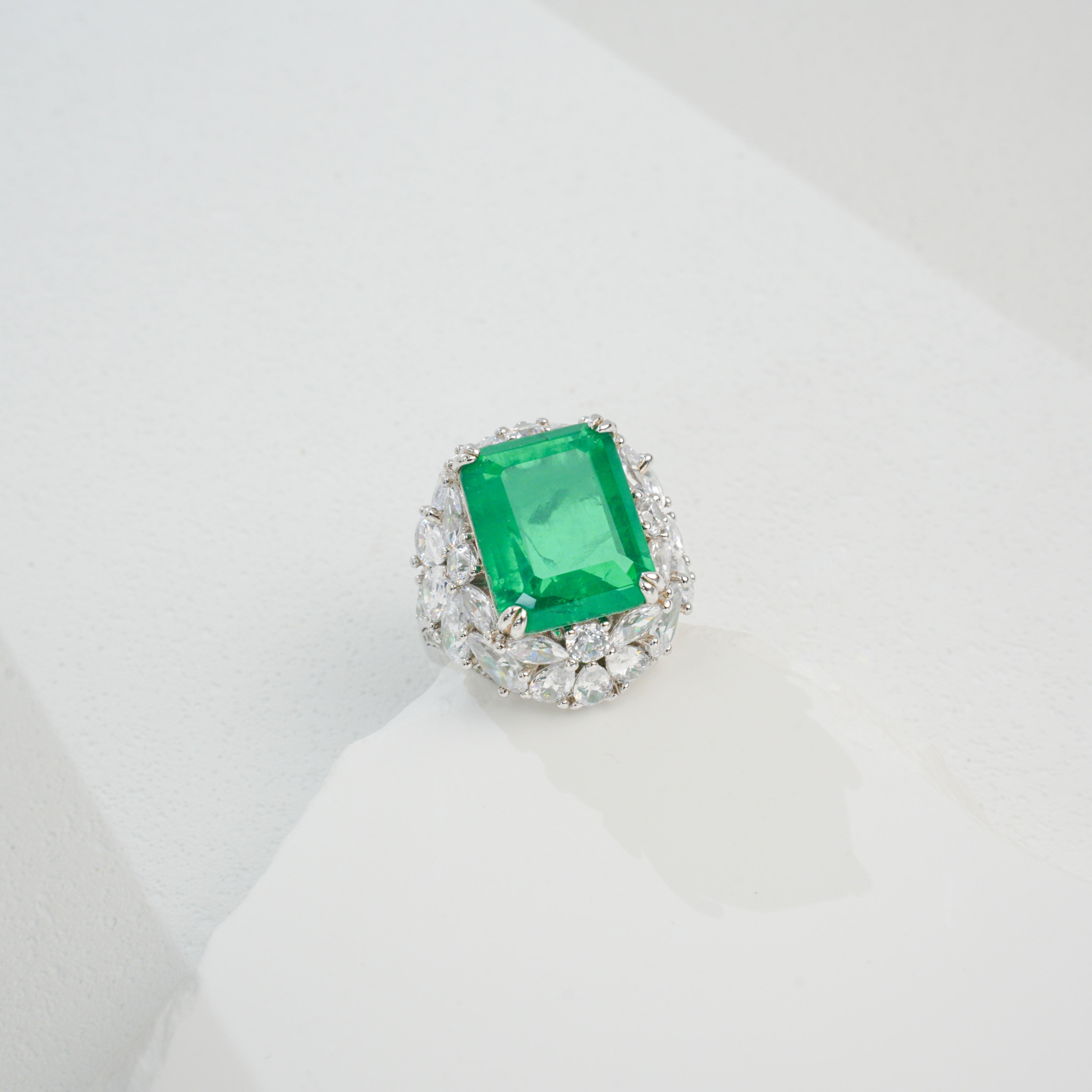 Rectangle Emerald Halo Statement Ring