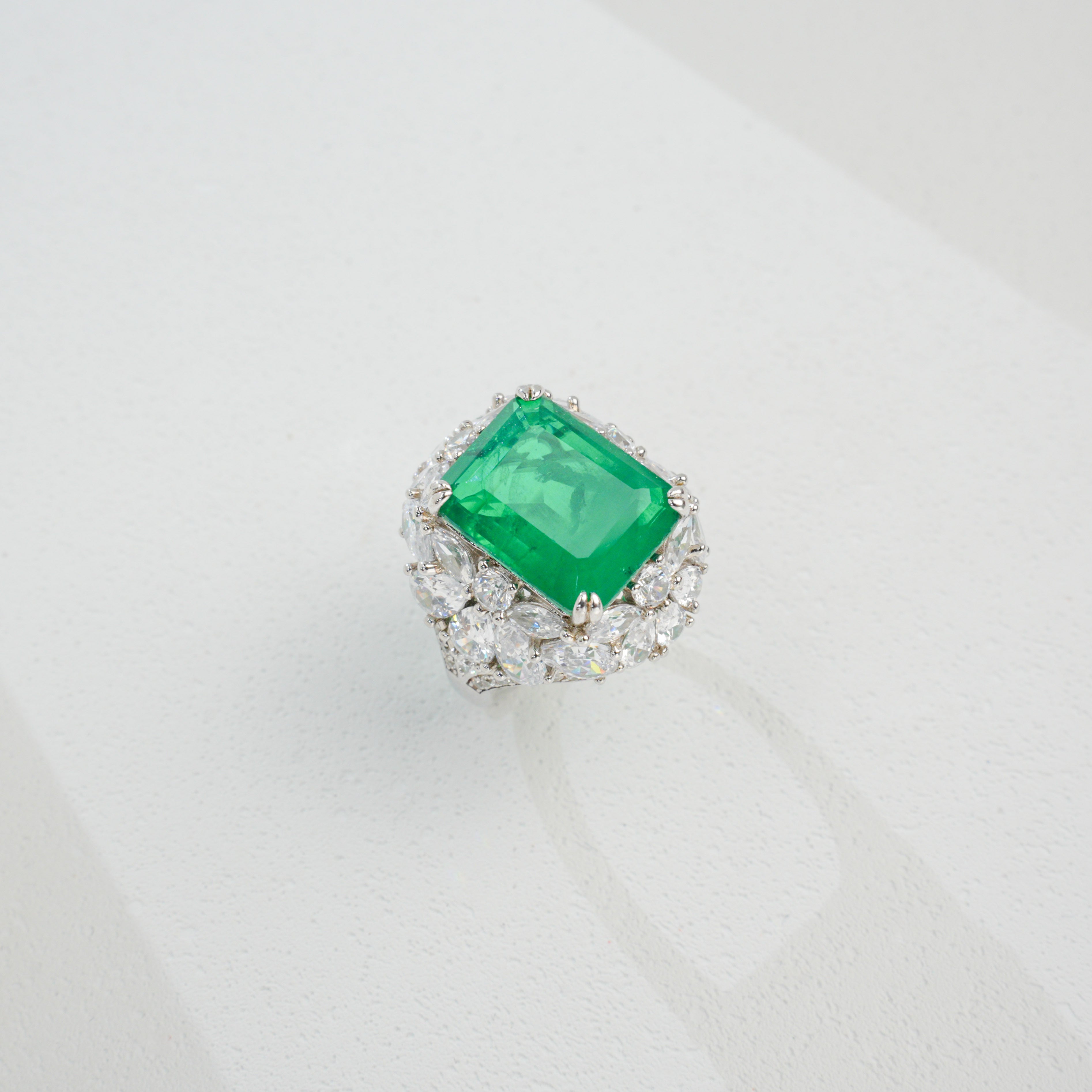 Rectangle Emerald Halo Statement Ring
