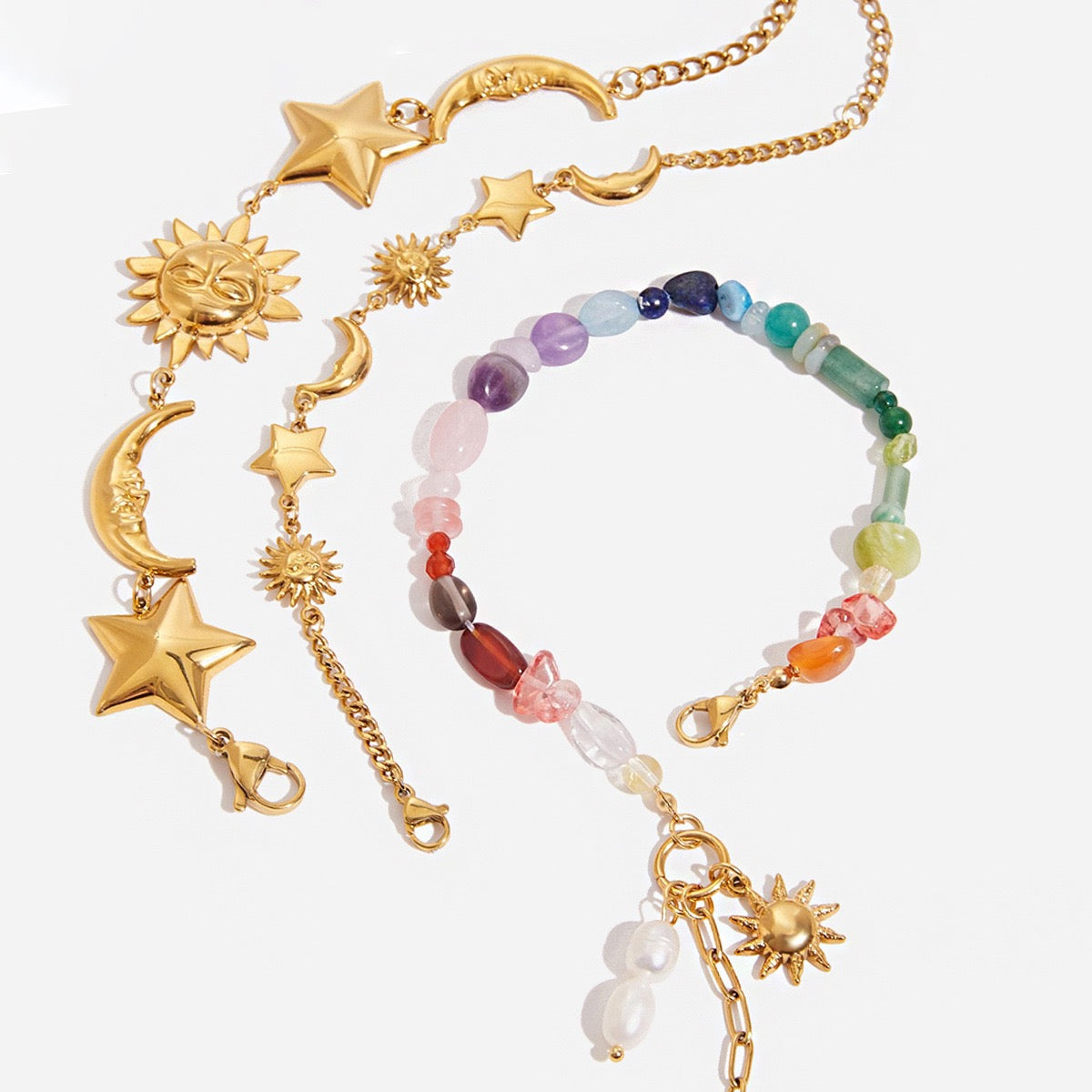 Golden Sun, Moon, Stars and & Pearl Beaded Bracelet 18K Gold