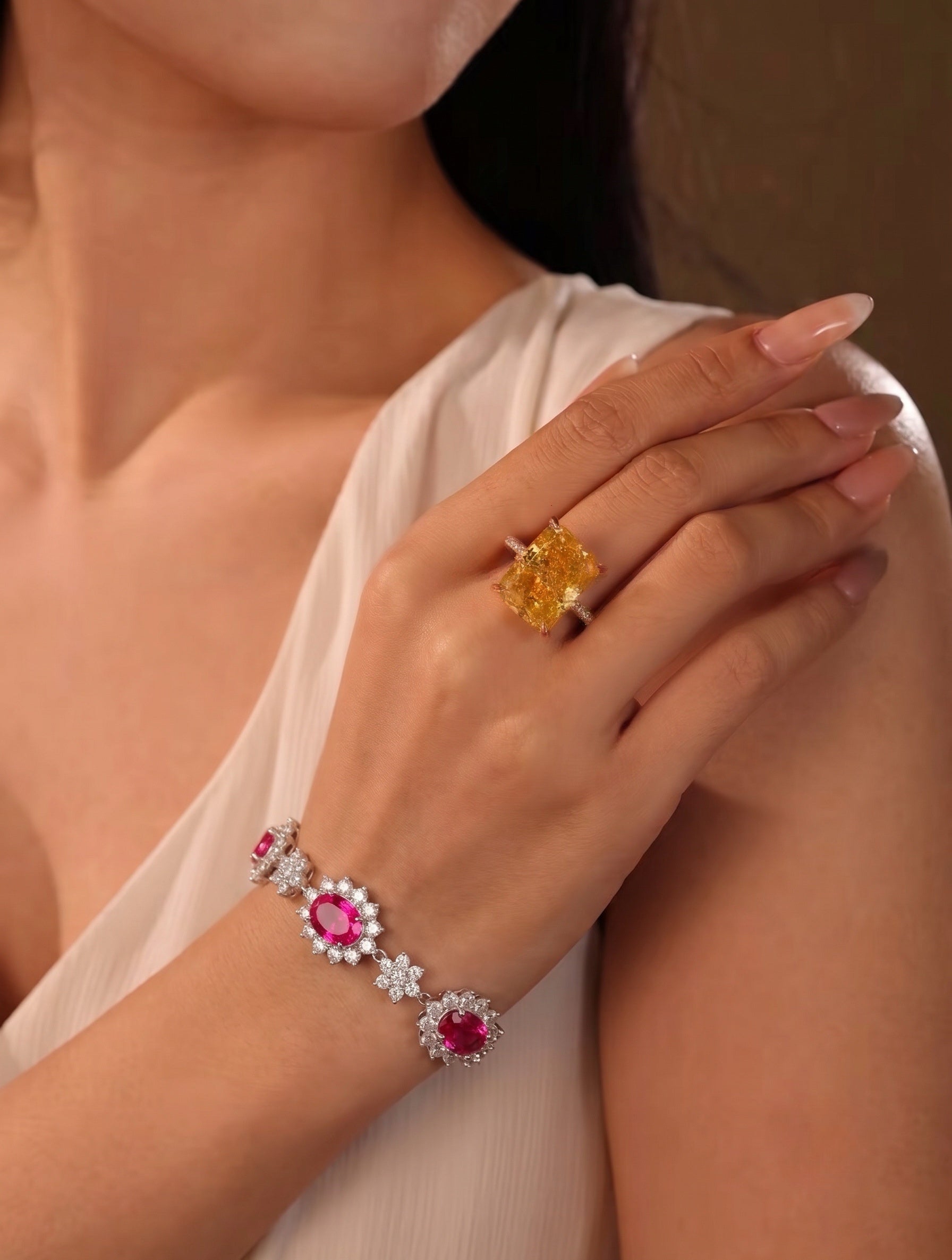 Ruby Halo Flower Bracelet