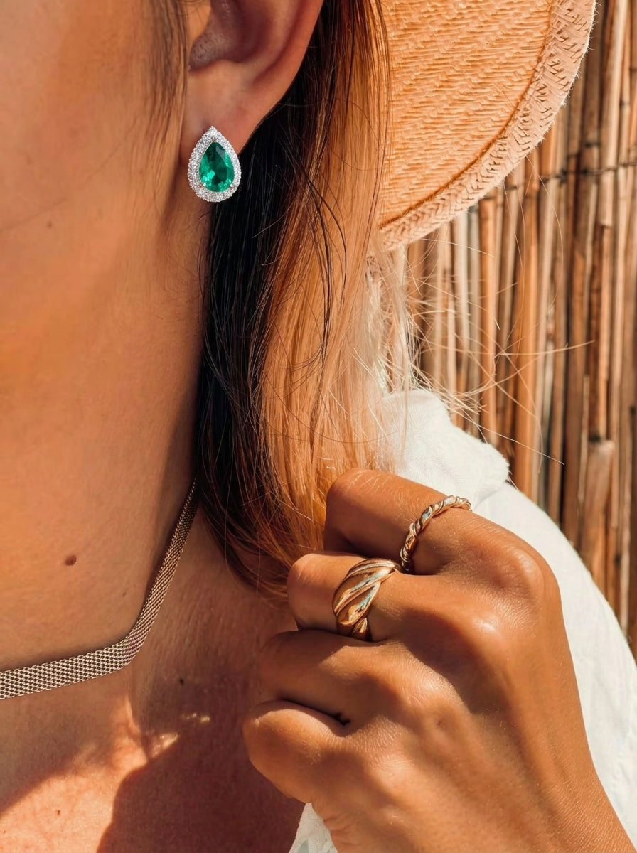 Teardrop Emerald Halo Earrings