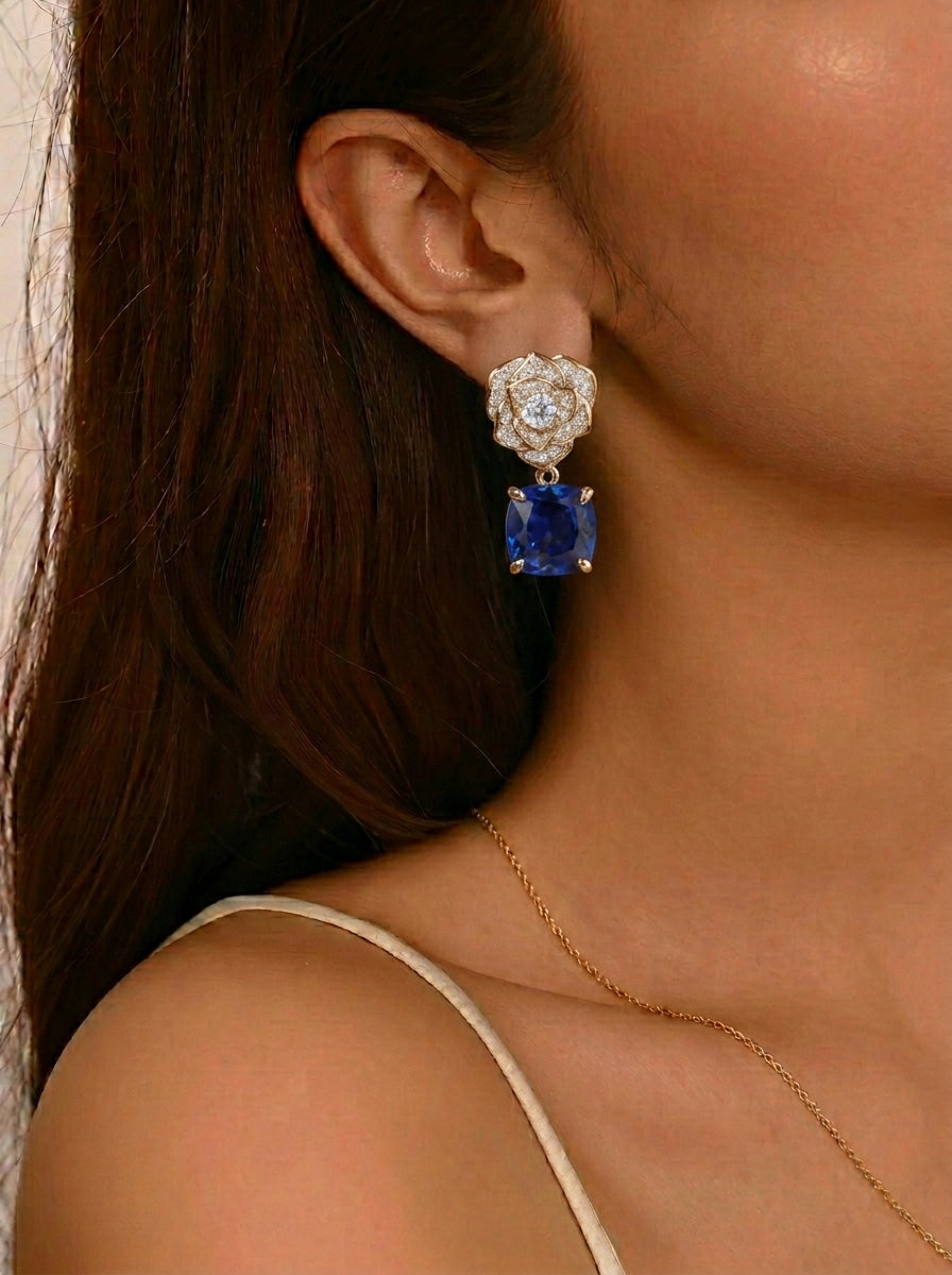 Lab-Grown Ruby - Crimson Square Diamond Flower Layered Drop Earrings