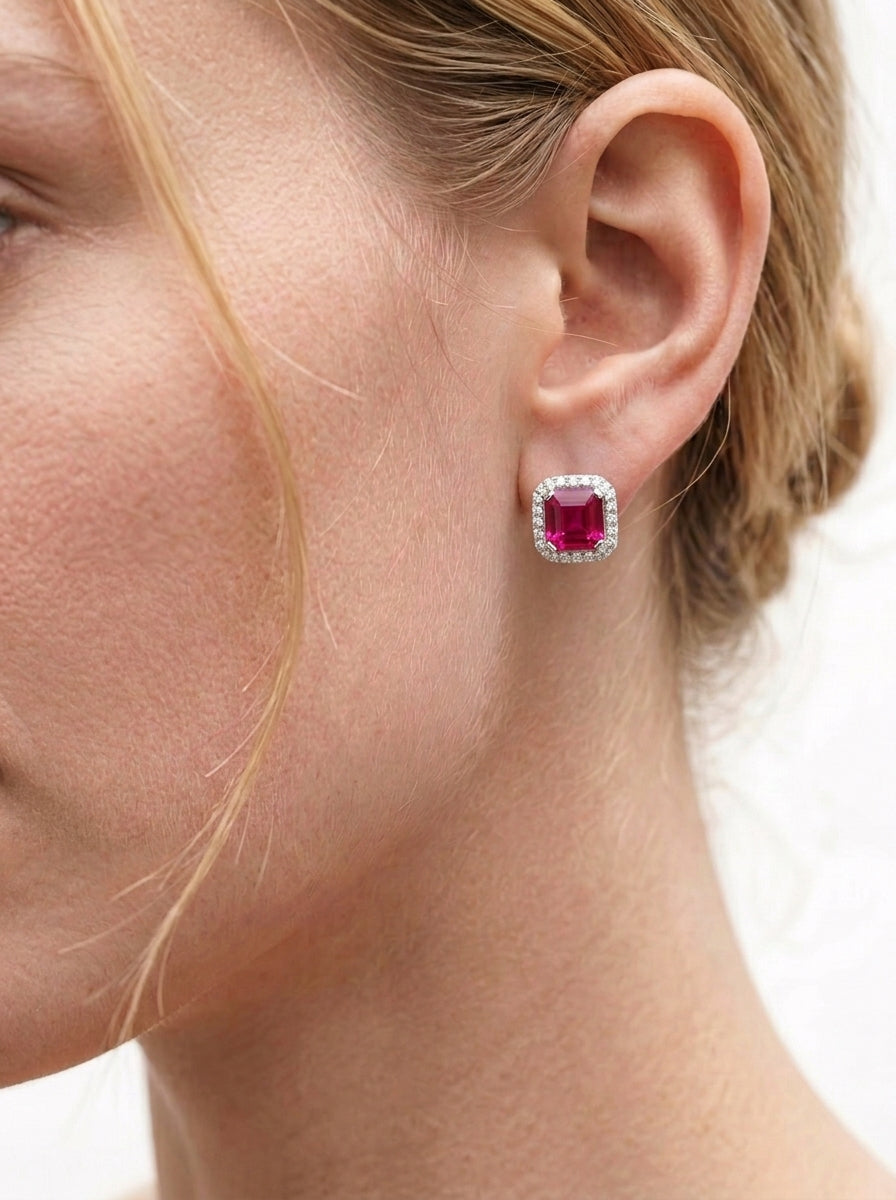 Square Ruby Halo Stud Earrings