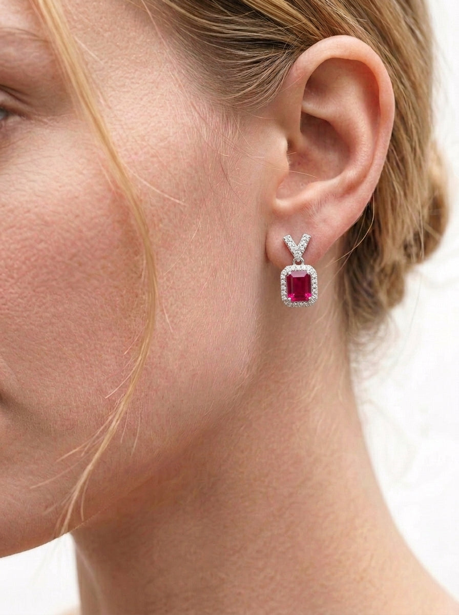 Elegant Ruby Halo Dangle Earrings