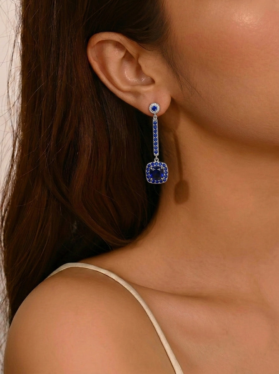 Square Sapphire Halo Earrings
