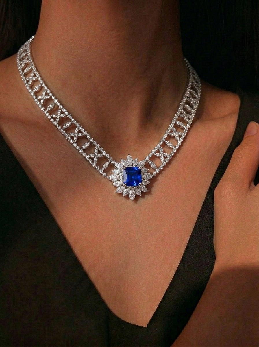 Luxurious Lab-Grown Sapphire S925 Silver with 18k Gold Plating Necklace - Dazzling and Exquisite, Exuding Elegant Charm