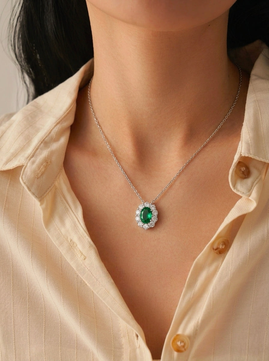 Lab-Grown Paraiba Tourmaline - Ocean Blue Oval Diamond Cluster Pendant