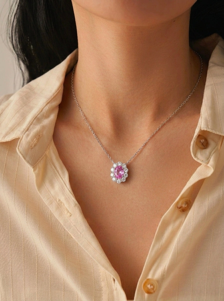 Lab-Grown Paraiba Tourmaline - Ocean Blue Oval Diamond Cluster Pendant