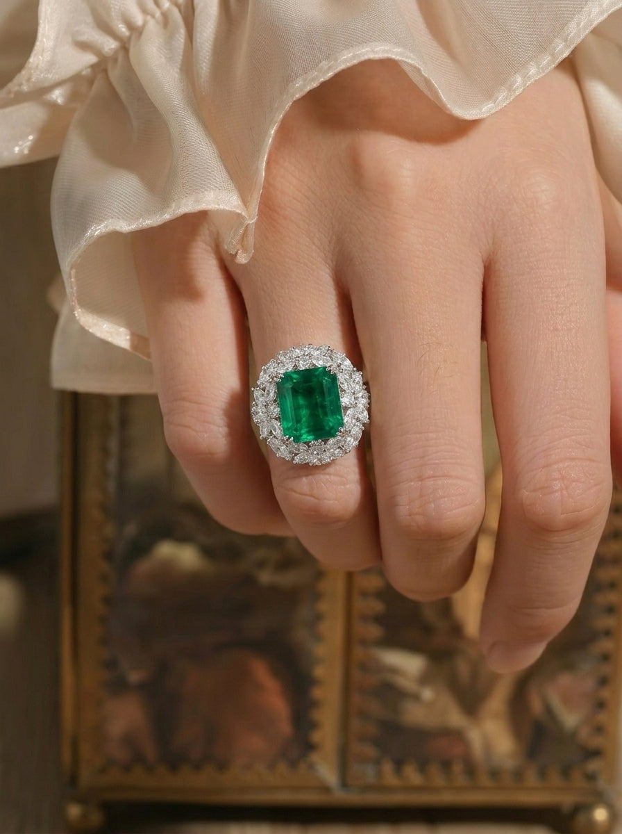Rectangle Emerald Halo Statement Ring