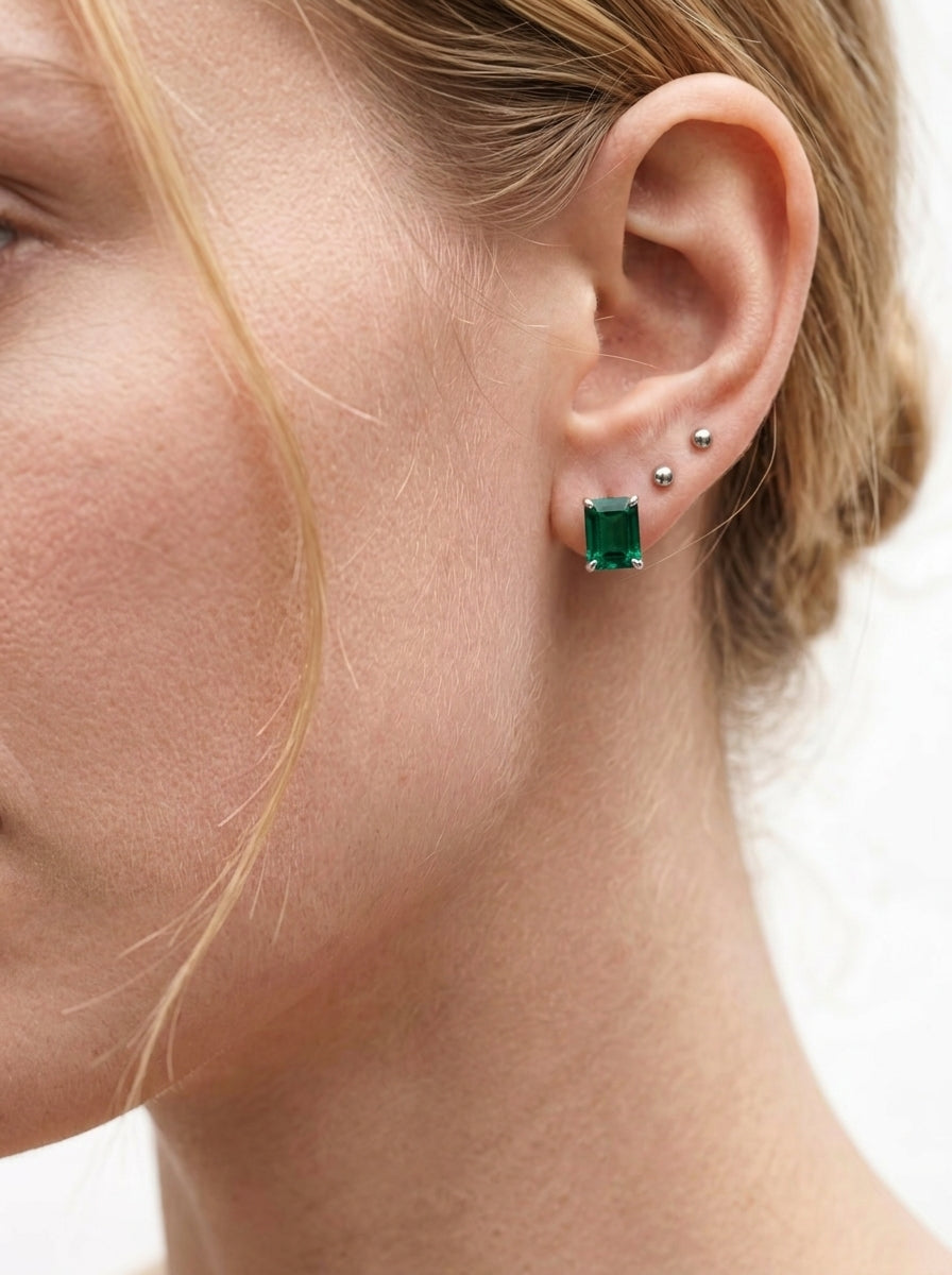 Cultured Emeralds - Minimalist Emerald Cut Earrings