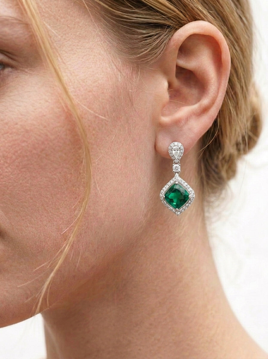 Cultured Emerald - Elegant Diamond Earrings