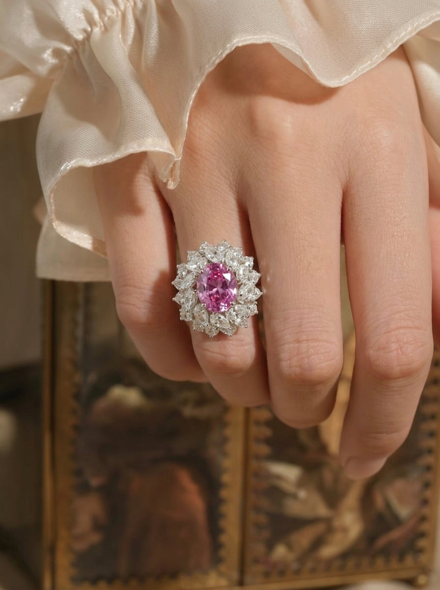Lab-Grown Padparadscha - Floral Cluster Iridescent Ring