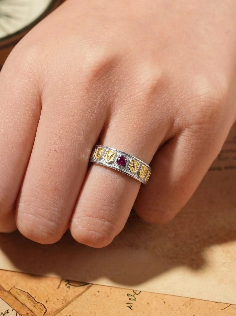 Lab-Grown Ruby - Filigree Diamond-Inlaid Colored Gold Ring