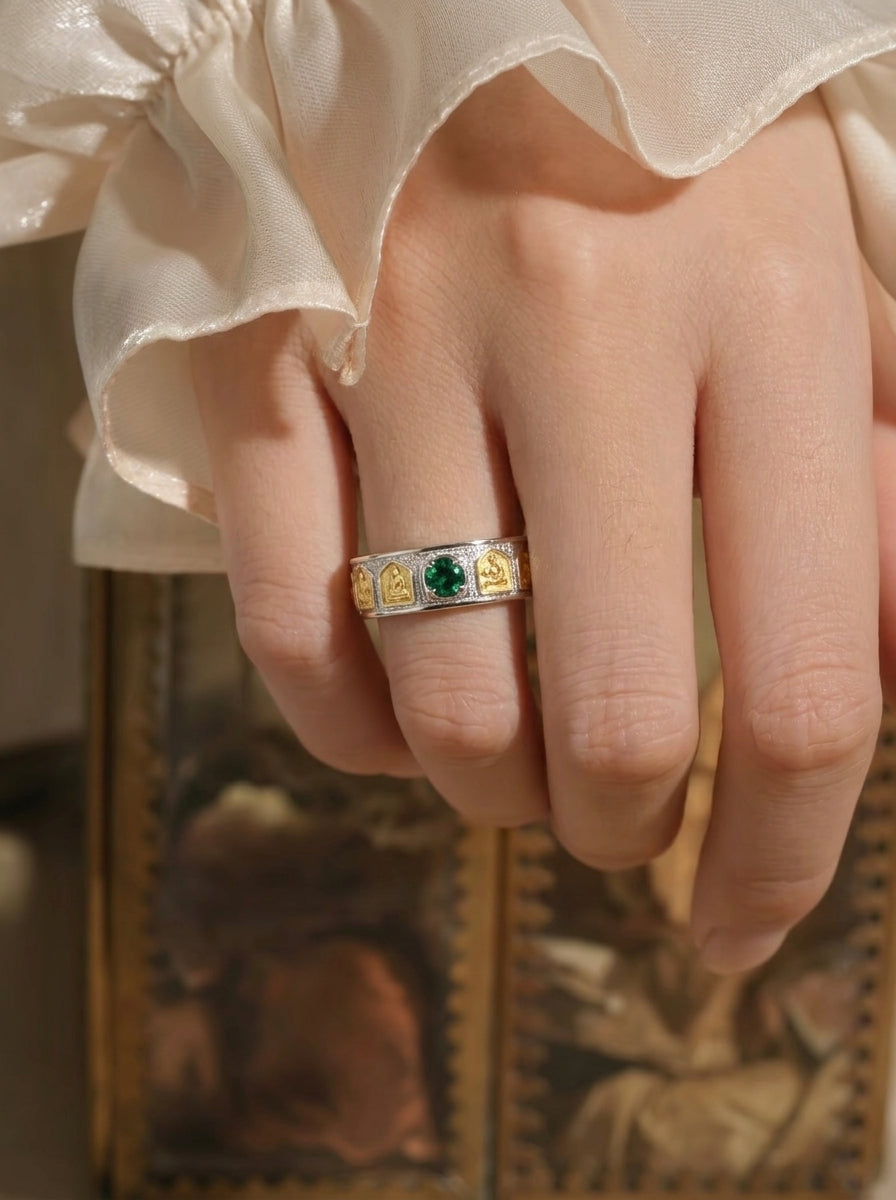 Lab-Grown Ruby - Filigree Diamond-Inlaid Colored Gold Ring