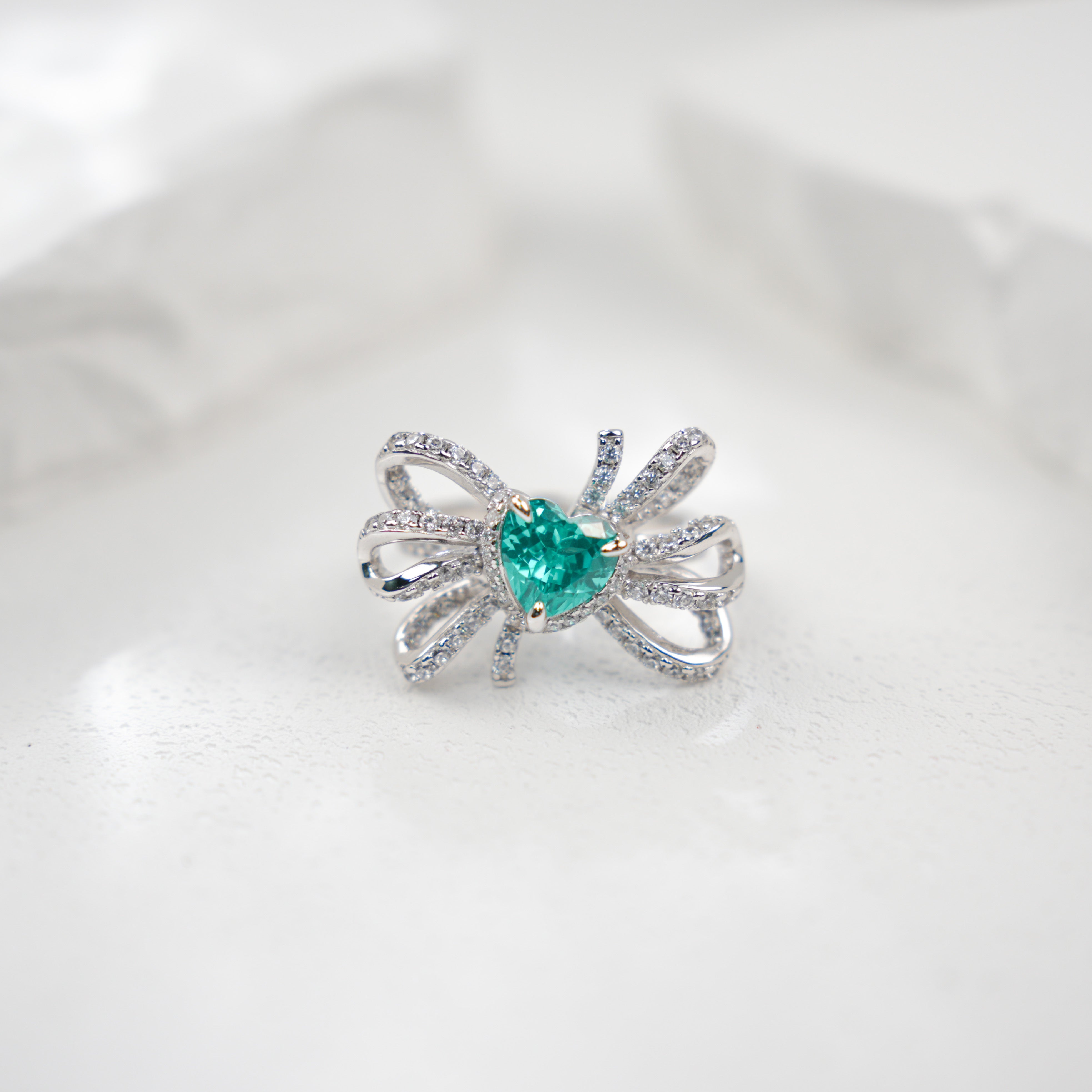 Lab-Grown Paraiba Color YAG Ring | S925 Sterling Silver Plated 18K Gold, Heart Cut with Bowknot Zircon Accents, Romantic Luxury Gemstone Jewelry