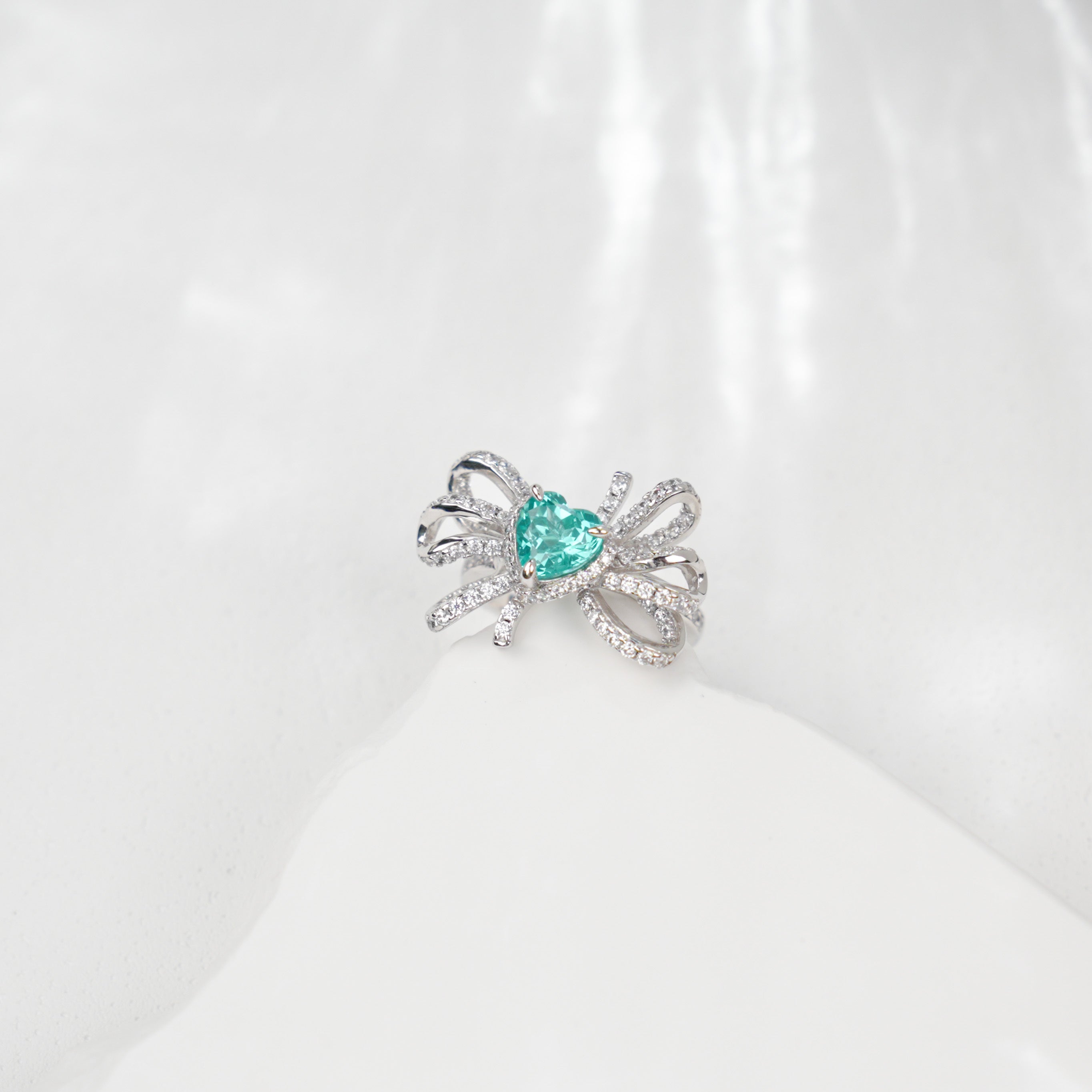 Lab-Grown Paraiba Color YAG Ring | S925 Sterling Silver Plated 18K Gold, Heart Cut with Bowknot Zircon Accents, Romantic Luxury Gemstone Jewelry