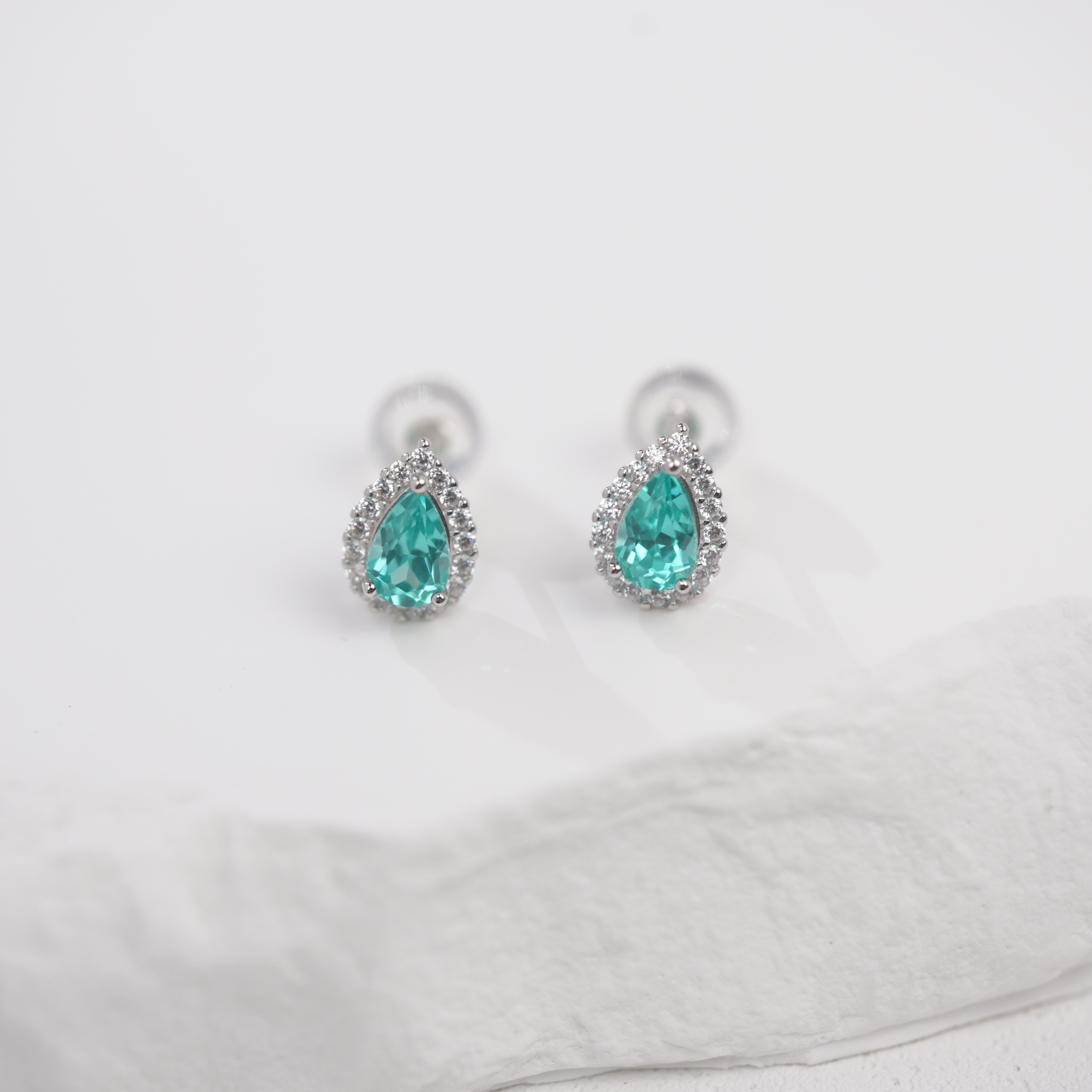 Lab-Grown Paraiba Color YAG Teardrop Stud Earrings | S925 Sterling Silver Plated 18K Gold, Halo Zircon Accents, Elegant Dainty Gemstone Jewelry