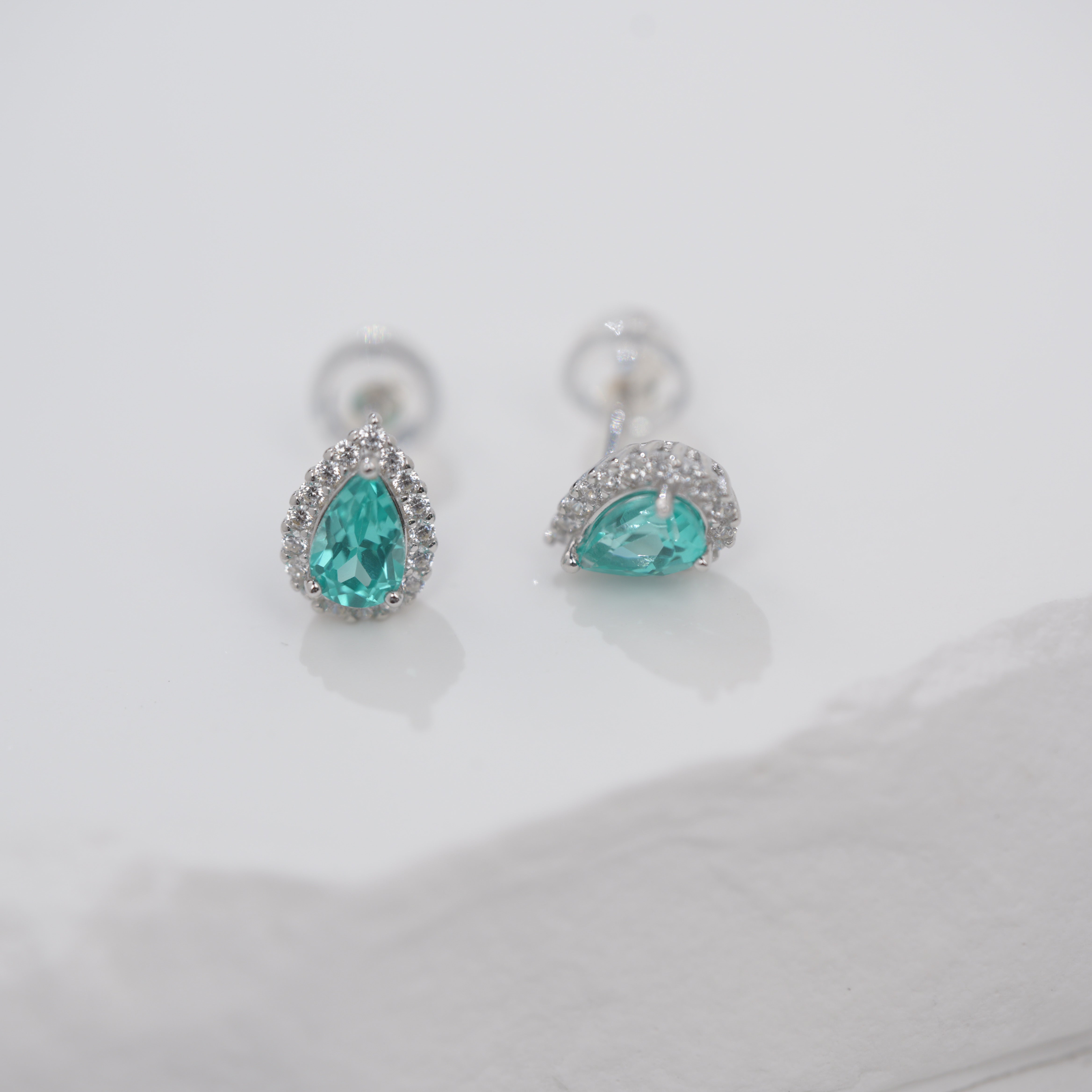 Lab-Grown Paraiba Color YAG Teardrop Stud Earrings | S925 Sterling Silver Plated 18K Gold, Halo Zircon Accents, Elegant Dainty Gemstone Jewelry