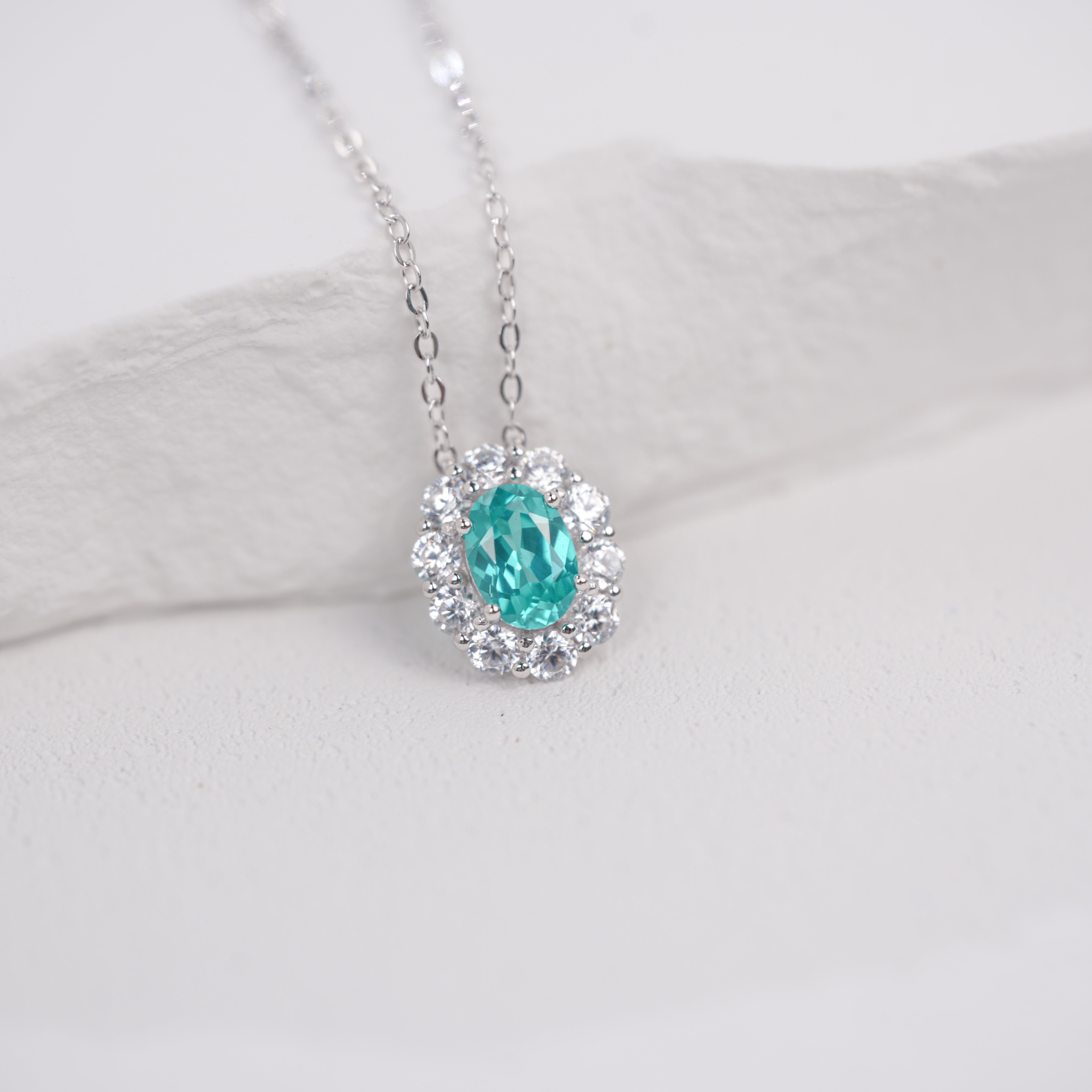 Lab-Grown Paraiba Color YAG Pendant Necklace | S925 Sterling Silver Plated 18K Gold, Oval Cut with Halo Zircon Accents, Elegant Dainty Gemstone Jewelry