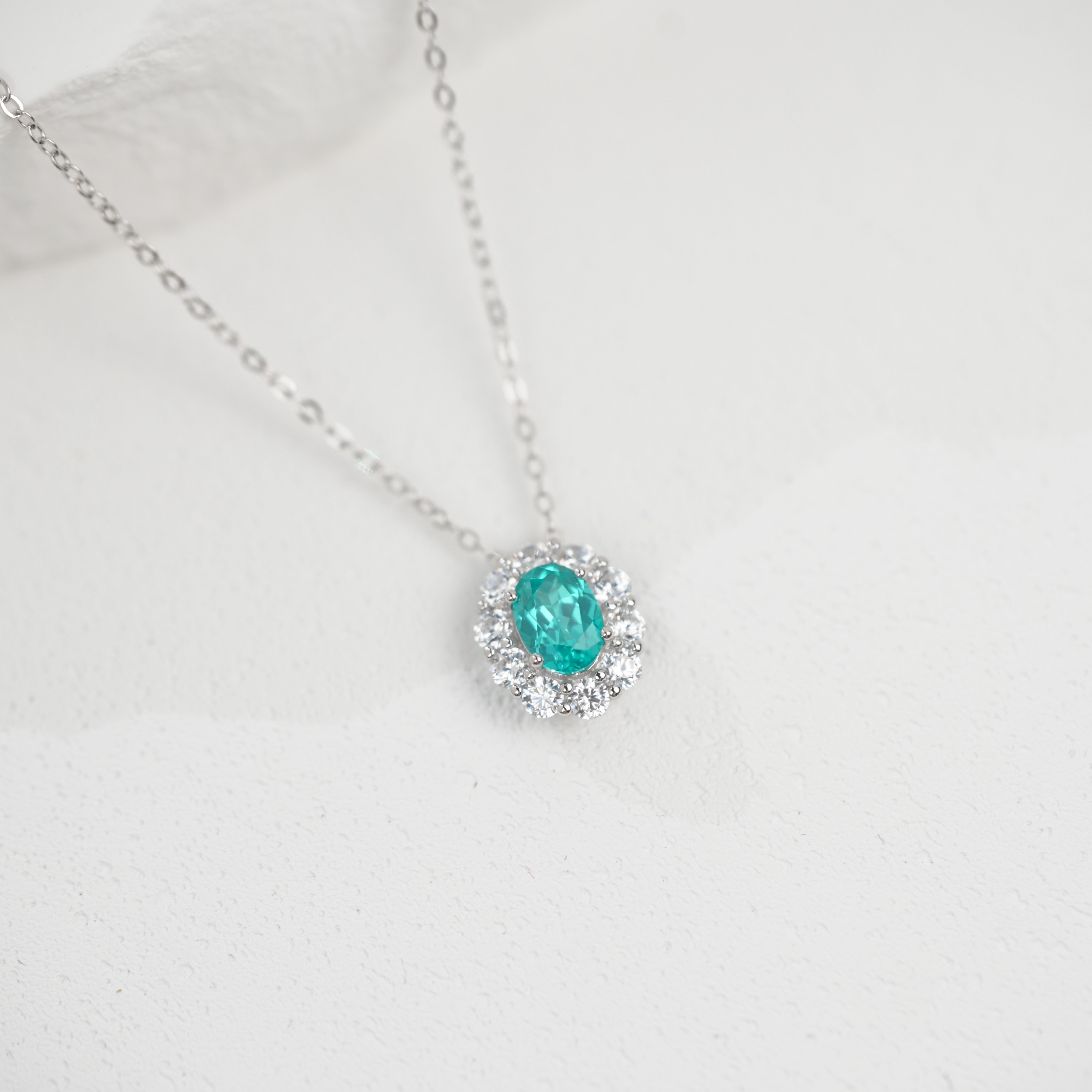 Lab-Grown Paraiba Color YAG Pendant Necklace | S925 Sterling Silver Plated 18K Gold, Oval Cut with Halo Zircon Accents, Elegant Dainty Gemstone Jewelry