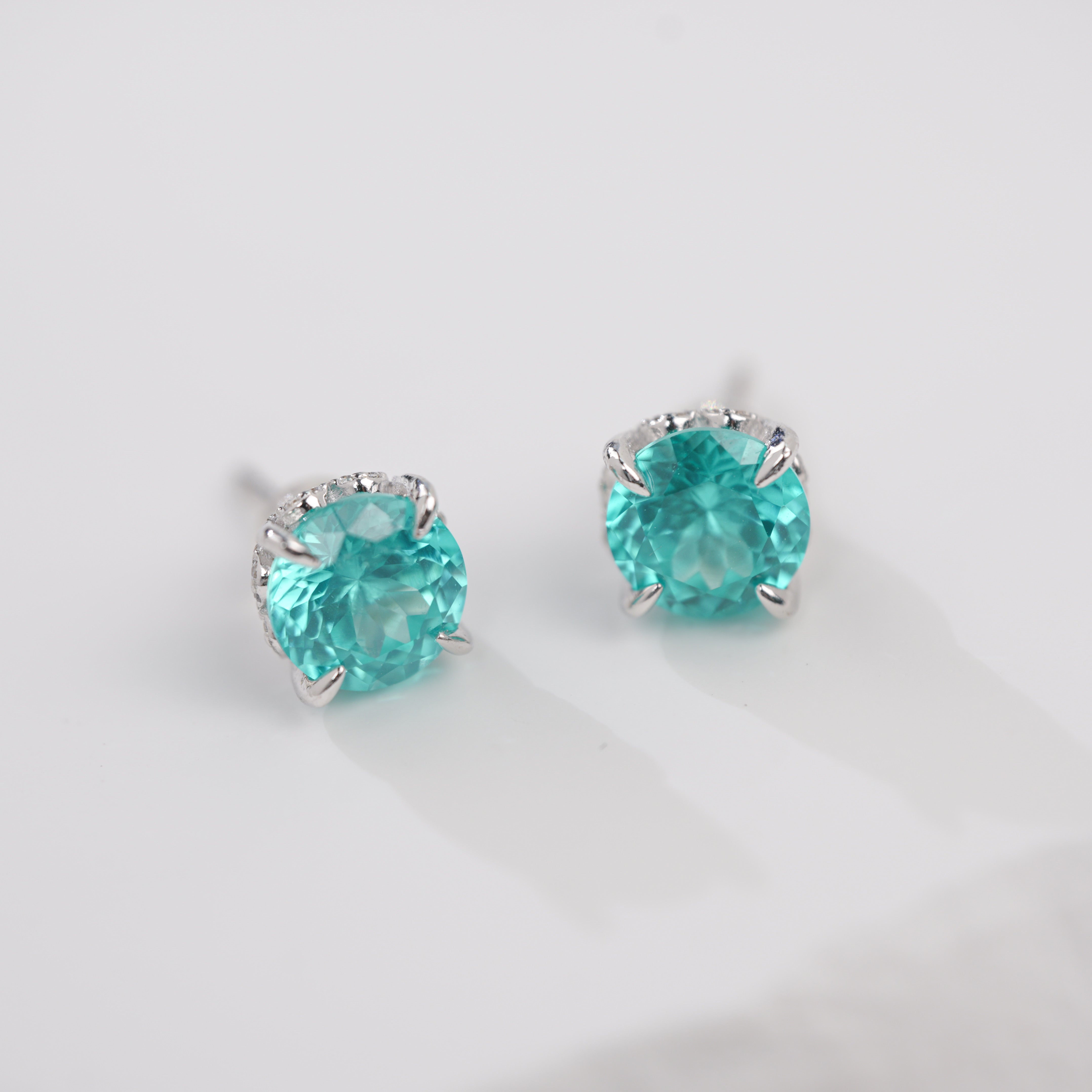 Lab-Grown Paraiba Color YAG Stud Earrings | S925 Sterling Silver Plated 18K Gold, Round Cut Claw Setting with Zircon Accents, Elegant Dainty Gemstone Jewelry