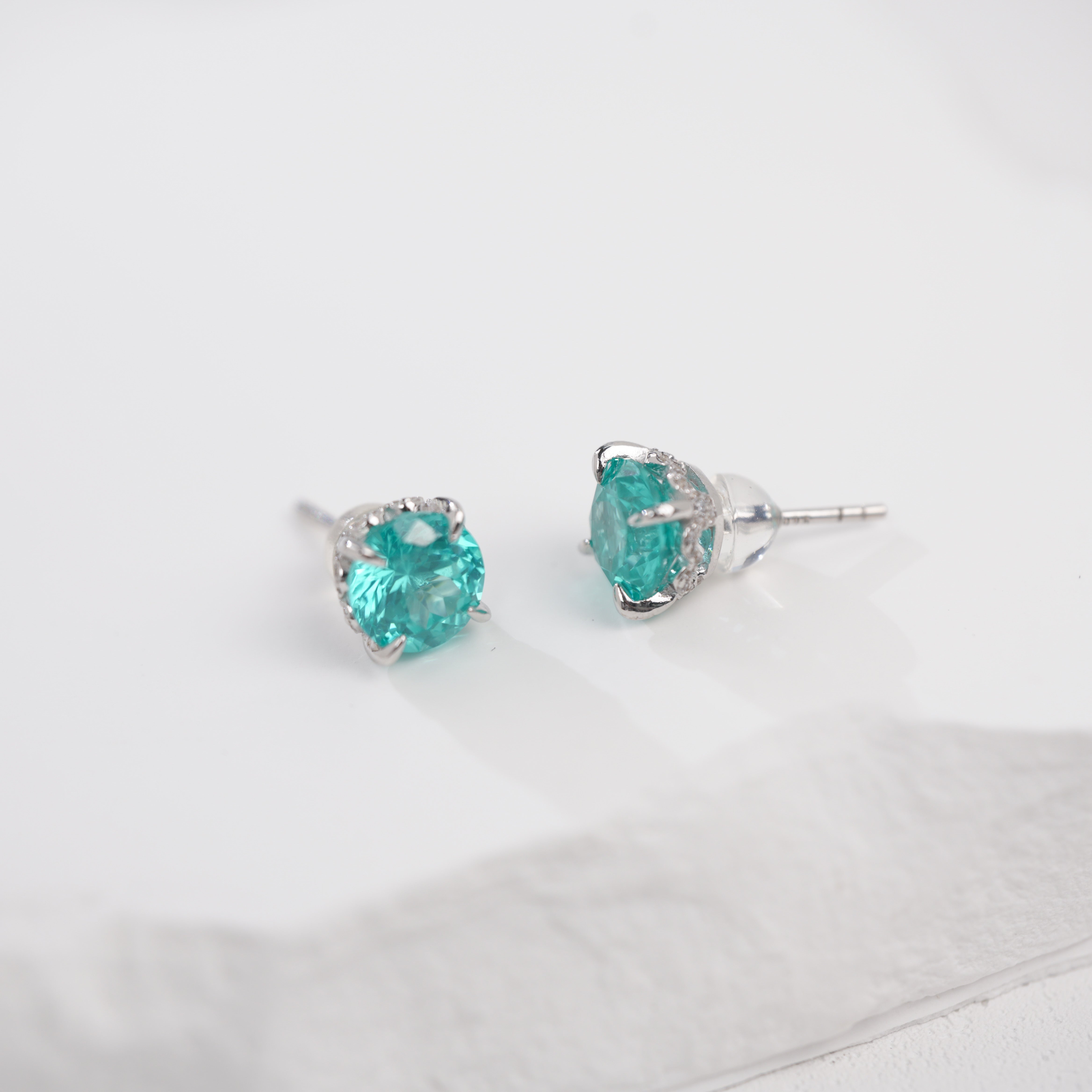 Lab-Grown Paraiba Color YAG Stud Earrings | S925 Sterling Silver Plated 18K Gold, Round Cut Claw Setting with Zircon Accents, Elegant Dainty Gemstone Jewelry