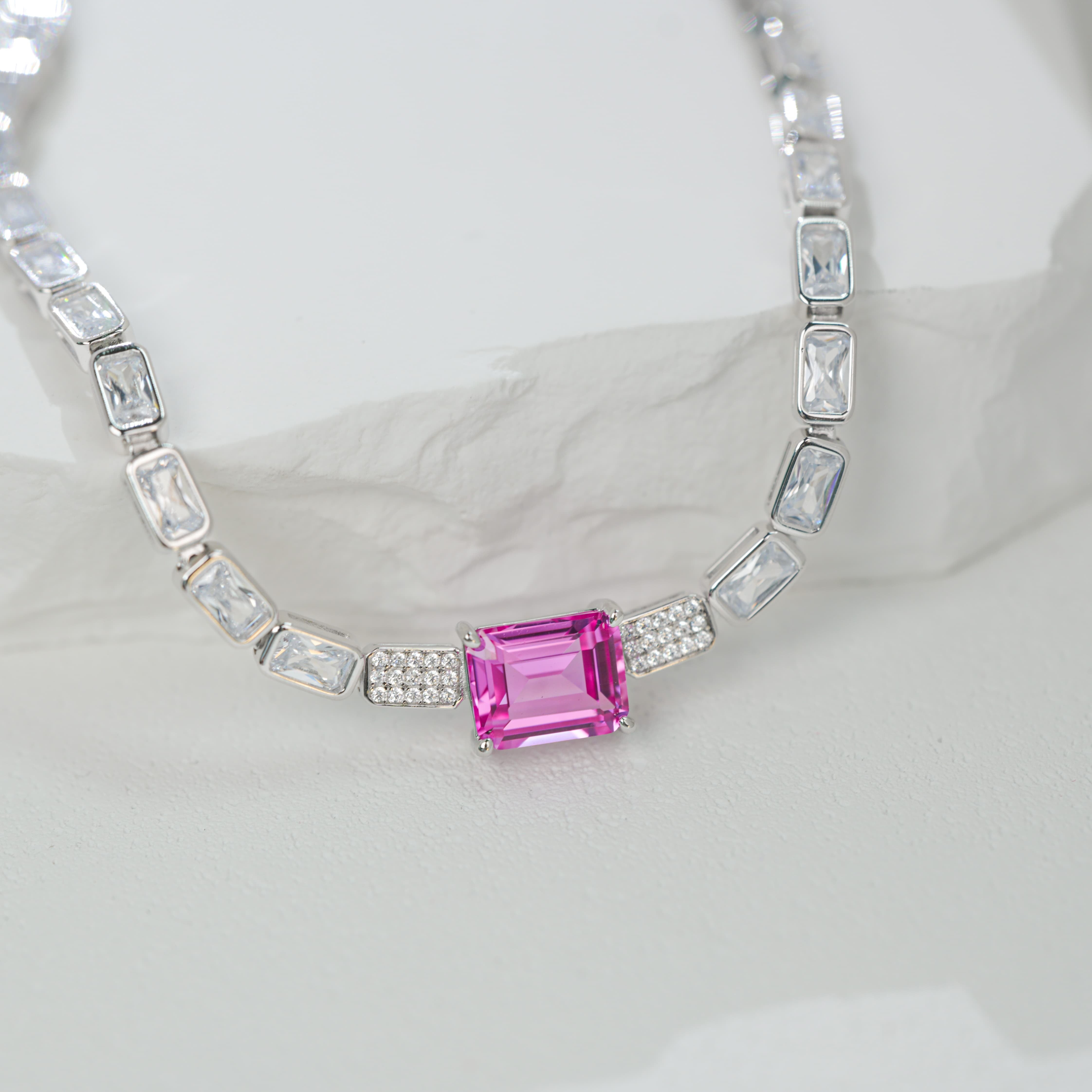 Lab-Grown Padparadscha Sapphire Necklace | S925 Sterling Silver Plated 18K Gold, Emerald Cut with Baguette & Round Zircon Accents, Luxury Statement Gemstone Jewelry