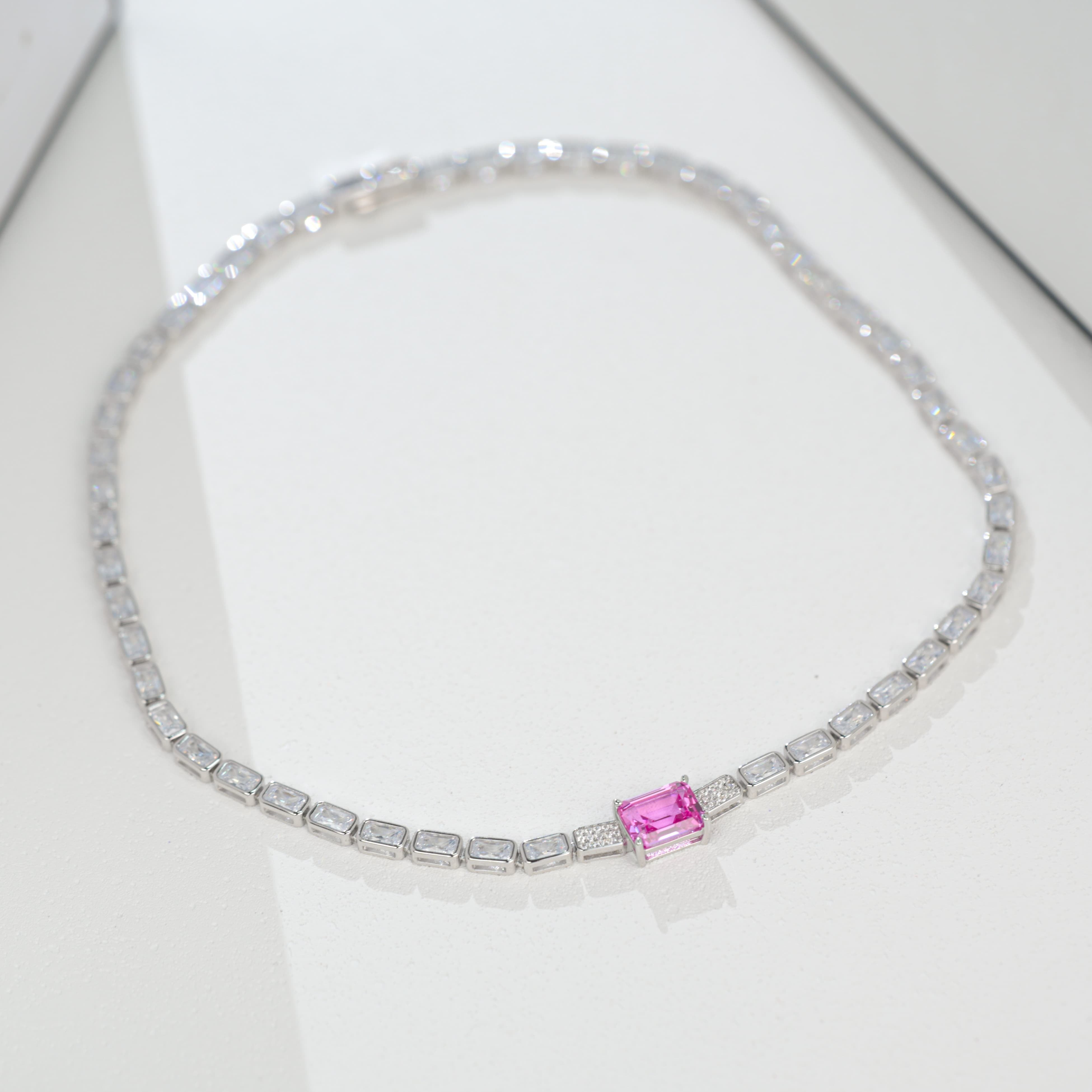 Lab-Grown Padparadscha Sapphire Necklace | S925 Sterling Silver Plated 18K Gold, Emerald Cut with Baguette & Round Zircon Accents, Luxury Statement Gemstone Jewelry