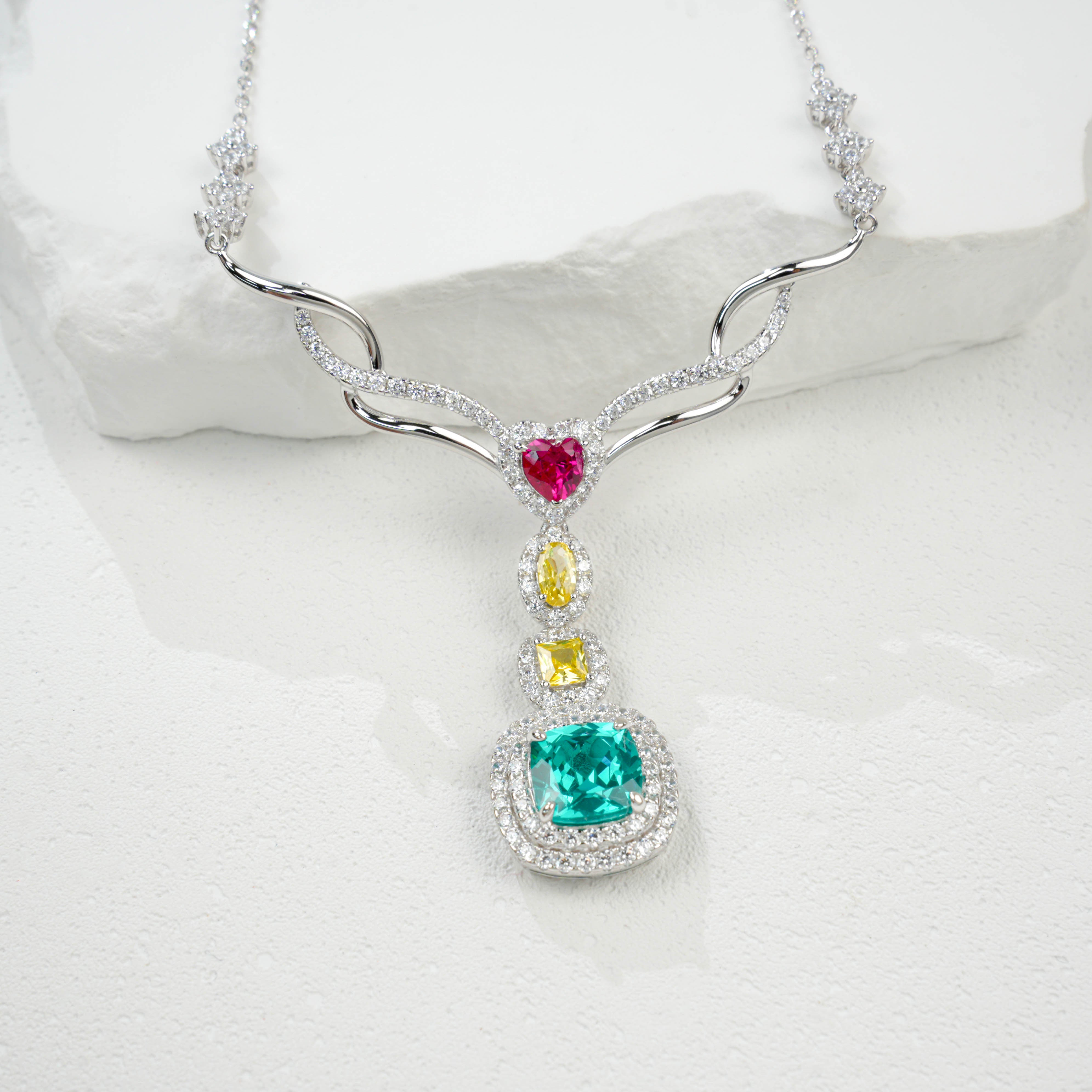 Lab - Grown Gemstone Necklace, S925 Silver Plated with 18K Gold, Colorful Multi - Stone Design