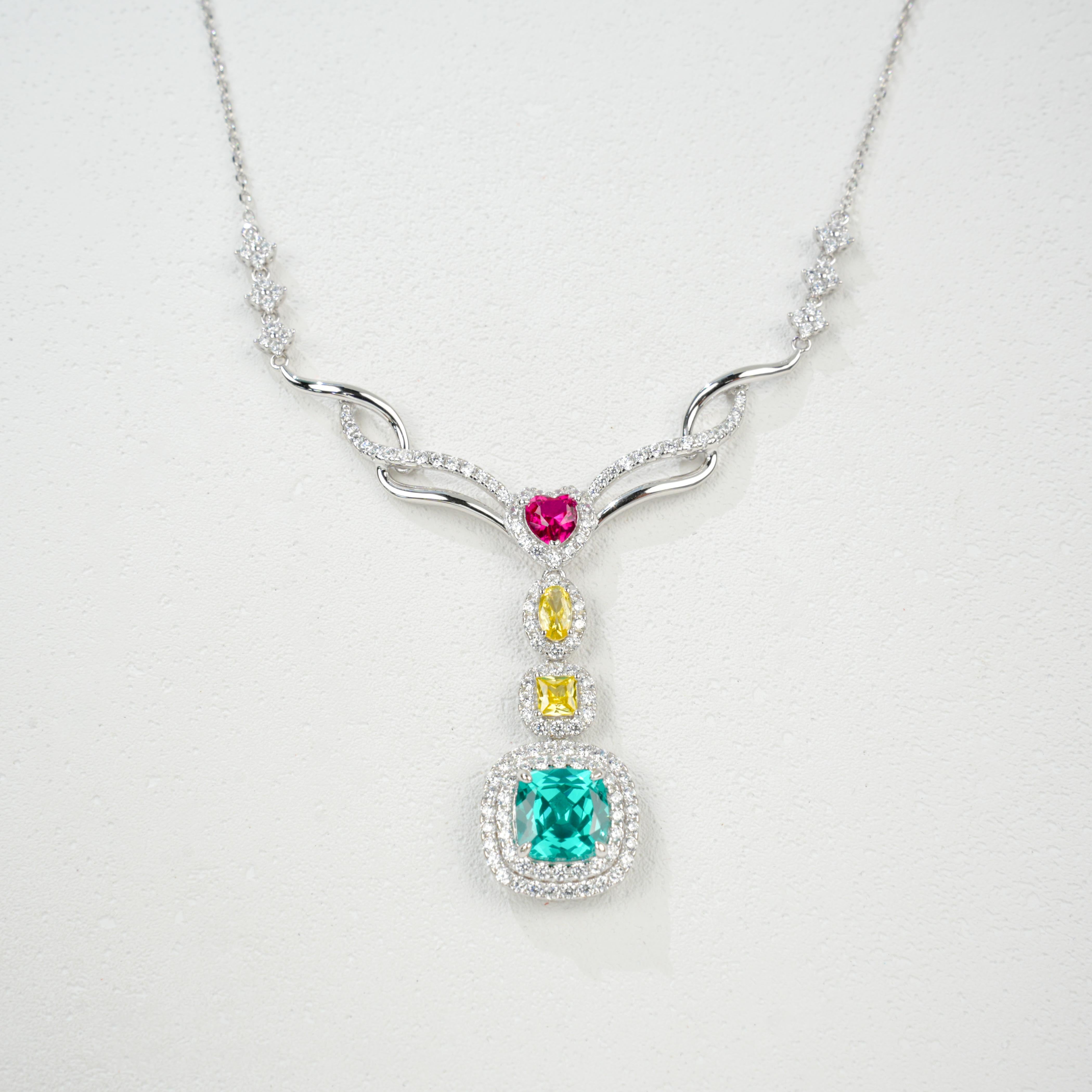 Lab - Grown Gemstone Necklace, S925 Silver Plated with 18K Gold, Colorful Multi - Stone Design