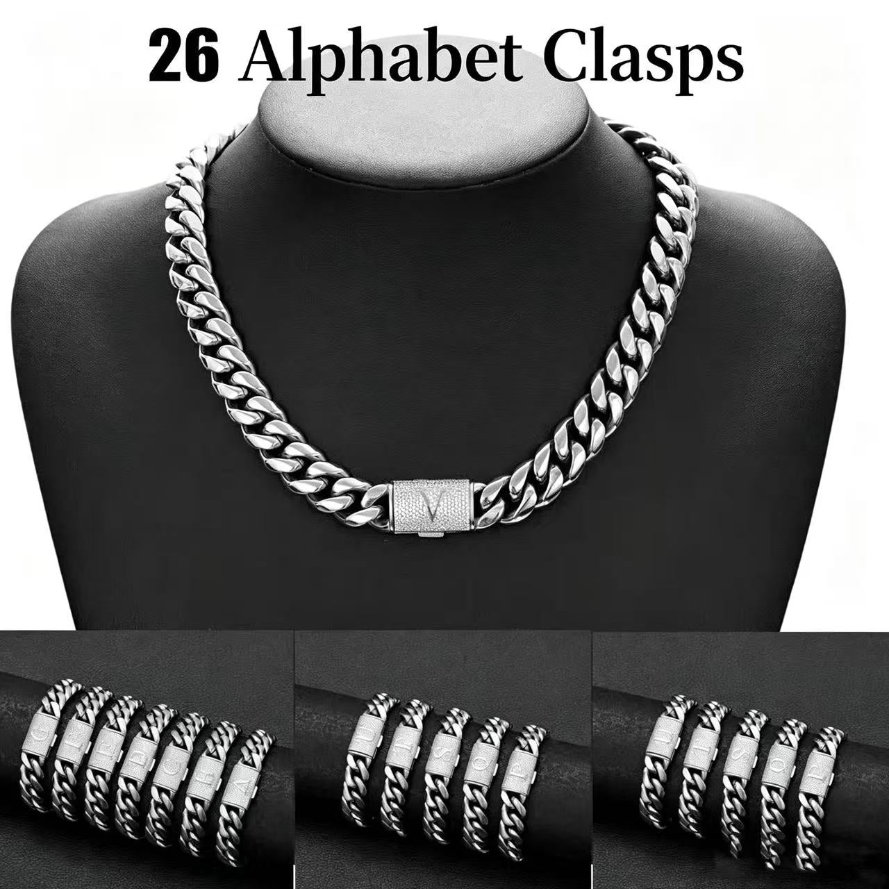 14mm Cuban Link Set - A-M Custom Initial Iced Out Clasp，18K Gold