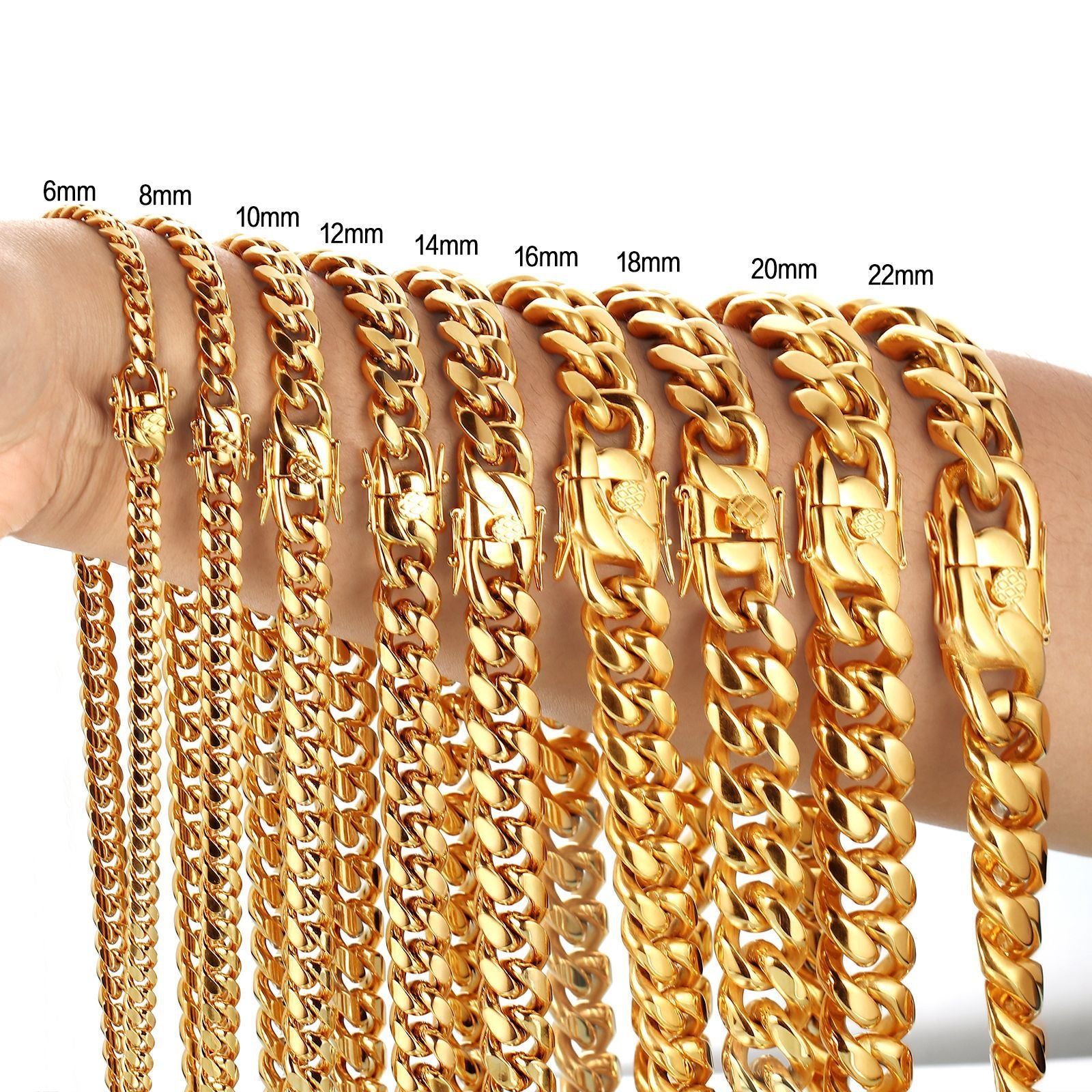6-20mm Cuban chain and bracelet set, 18K Gold