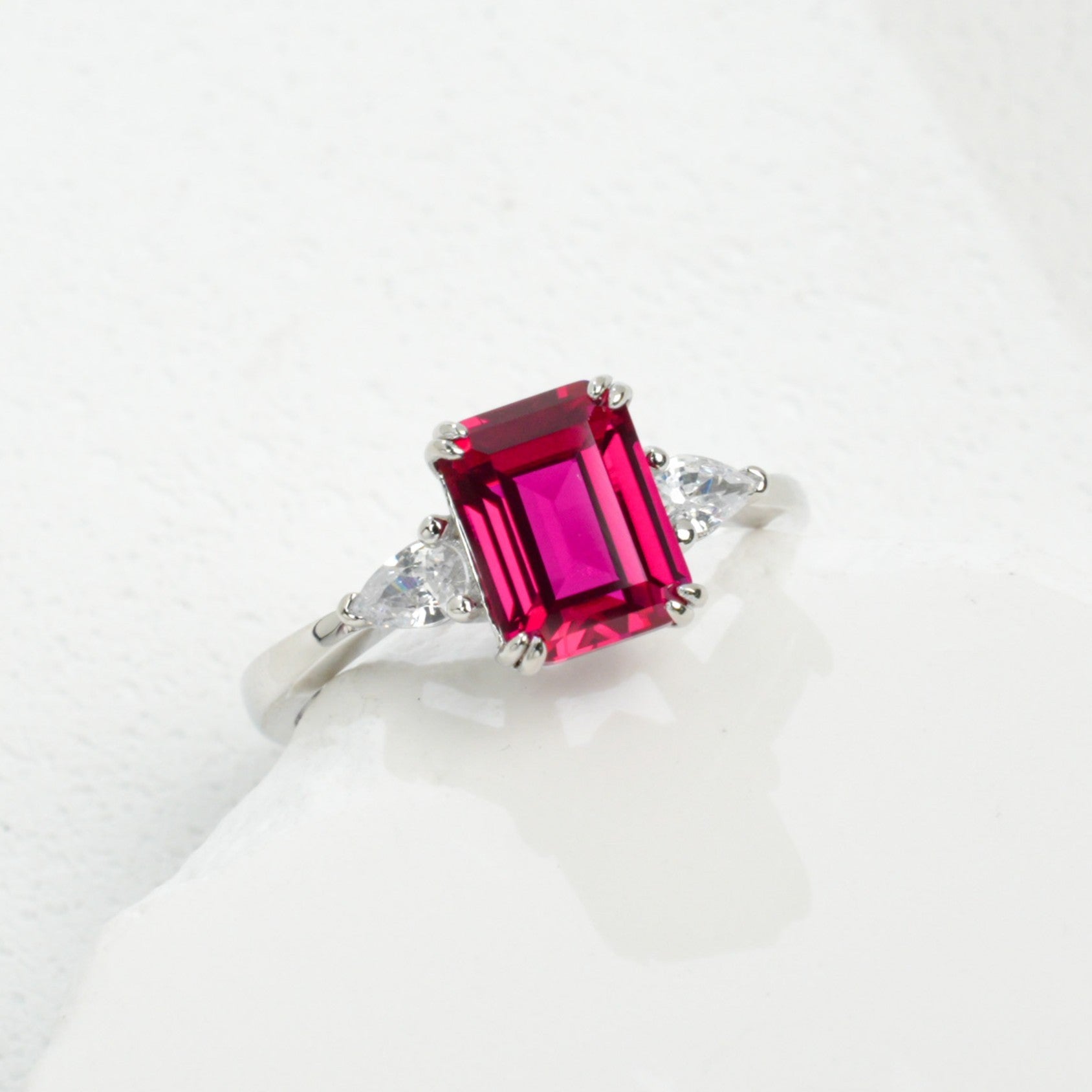 Lab-Grown Ruby Ring | S925 Sterling Silver Plated 18K Gold, Emerald Cut with Trillion - Cut Zircon Accents, Luxury Gemstone Jewelry