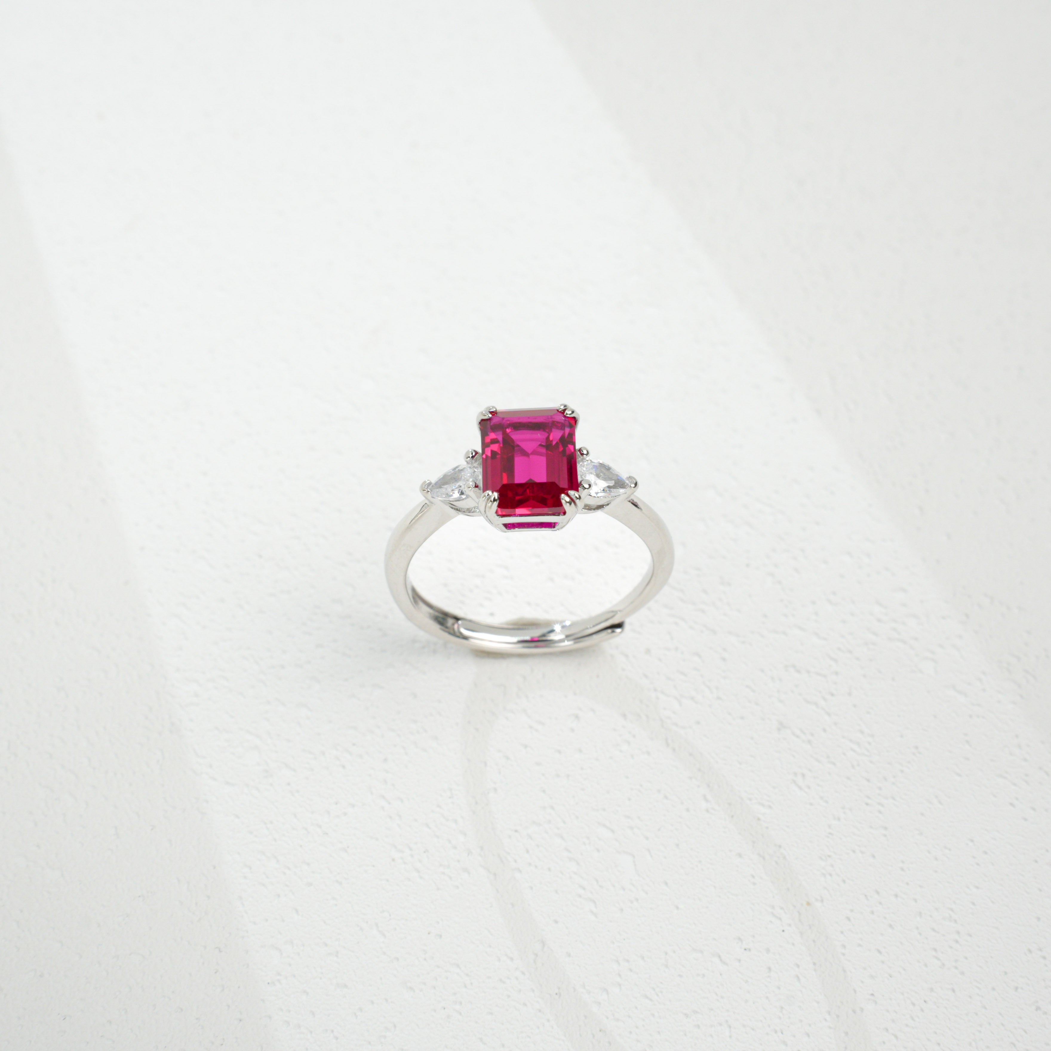 Lab-Grown Ruby Ring | S925 Sterling Silver Plated 18K Gold, Emerald Cut with Trillion - Cut Zircon Accents, Luxury Gemstone Jewelry
