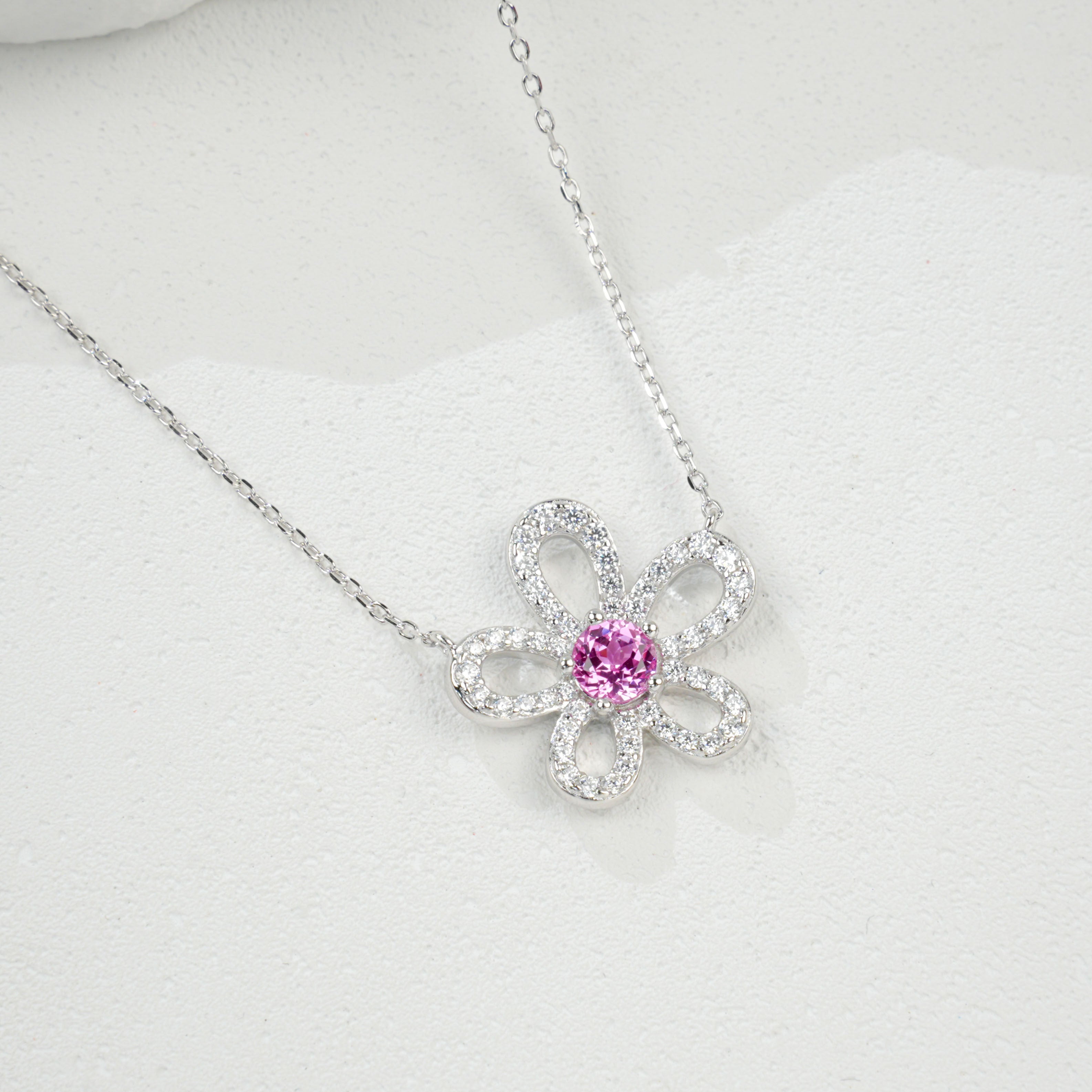 Lab - Grown Padparadscha Sapphire Flower Necklace, S928 Silver Plated with 18K Gold