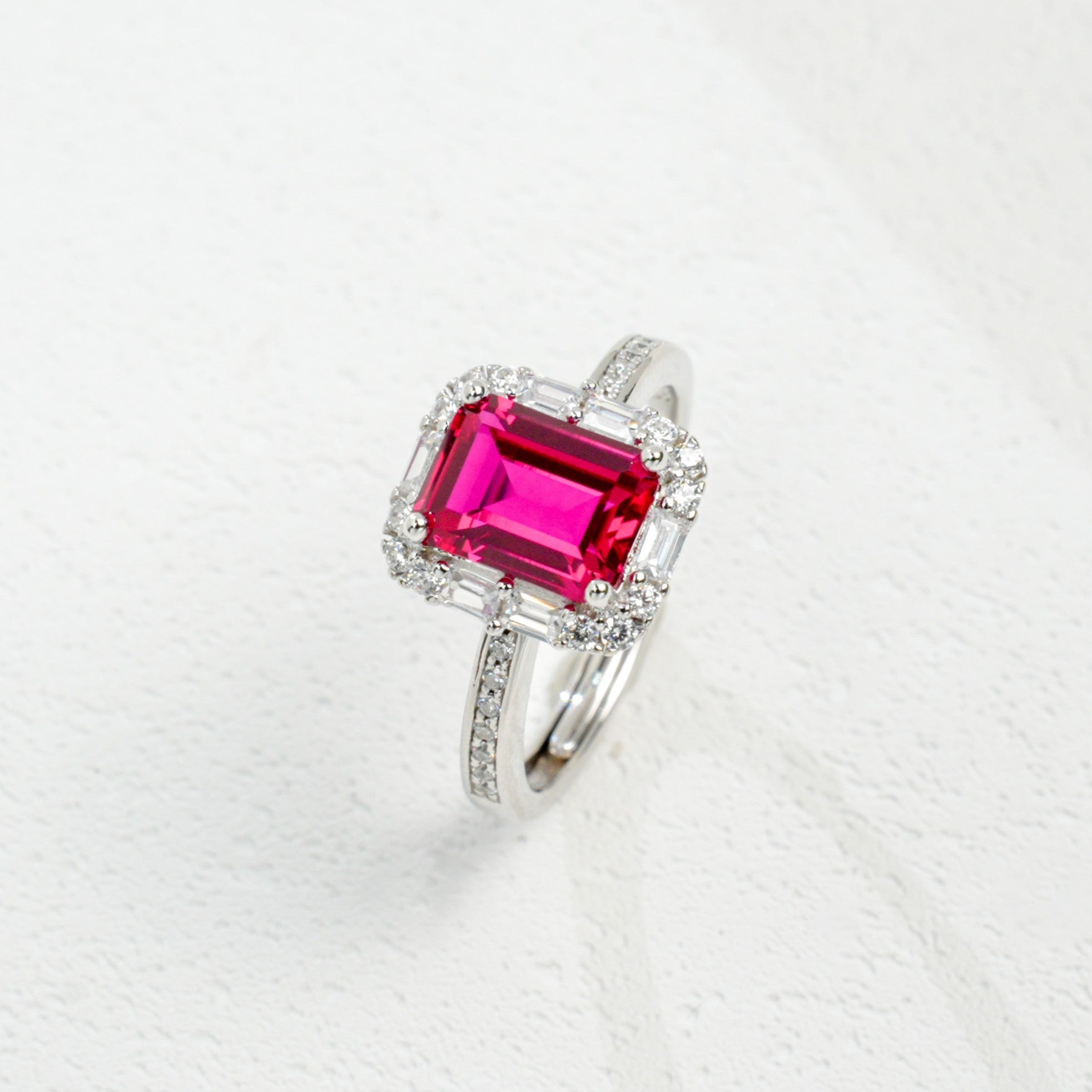 Lab-Grown Ruby Ring | S925 Sterling Silver Plated 18K Gold, Emerald Cut with Baguette & Round Zircon Halo, Luxury Gemstone Jewelry