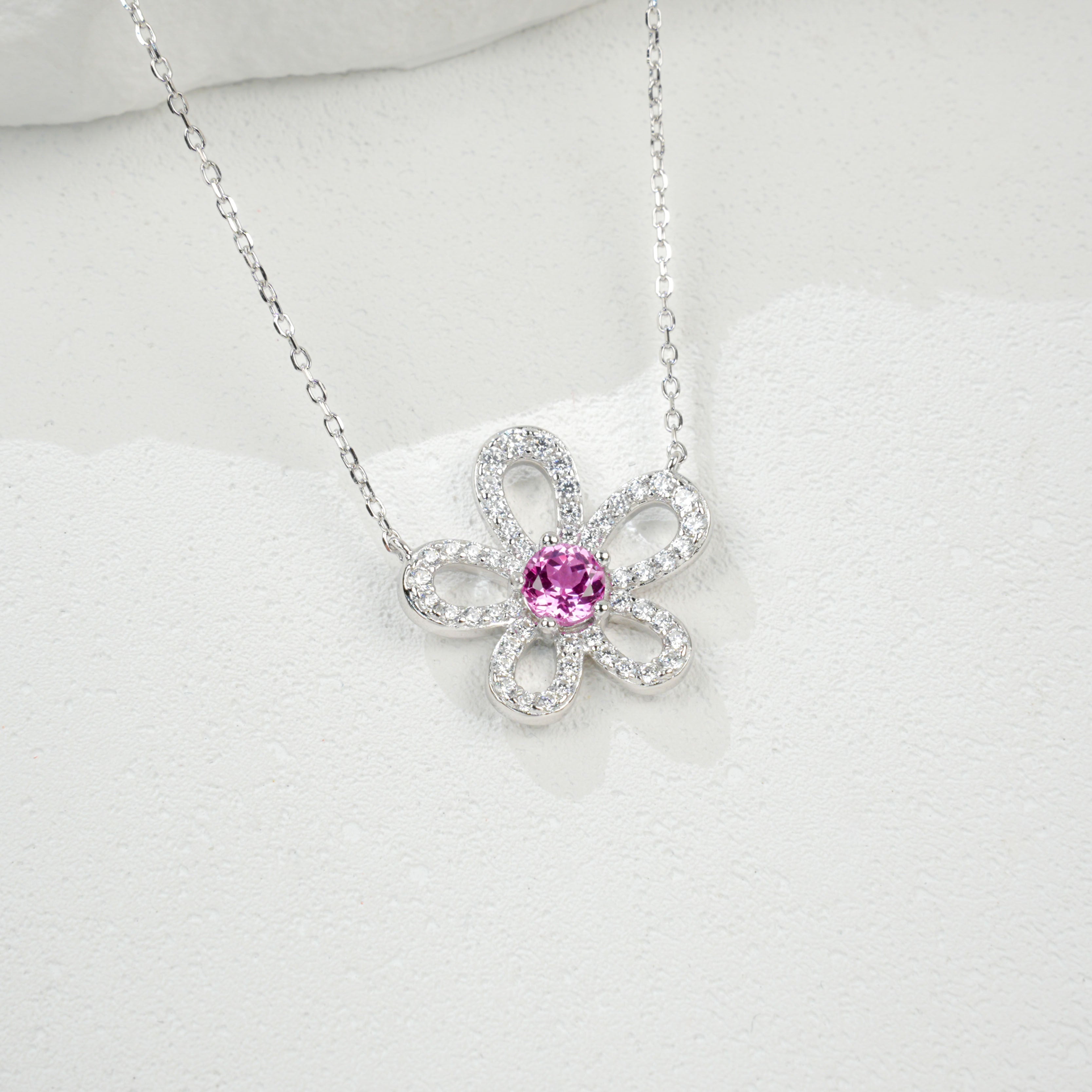 Lab - Grown Padparadscha Sapphire Flower Necklace, S928 Silver Plated with 18K Gold