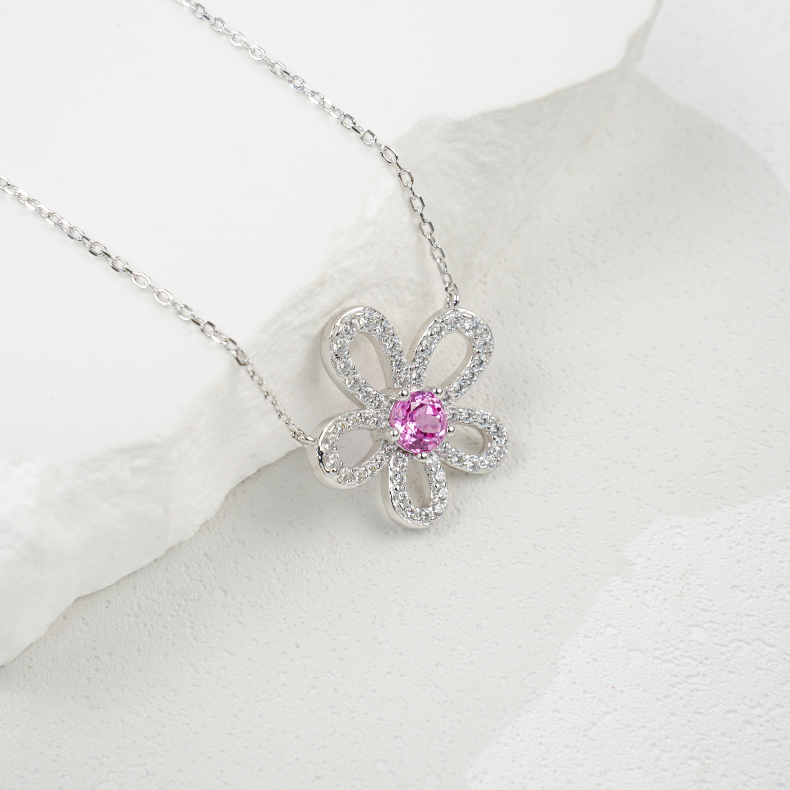 Lab - Grown Padparadscha Sapphire Flower Necklace, S928 Silver Plated with 18K Gold