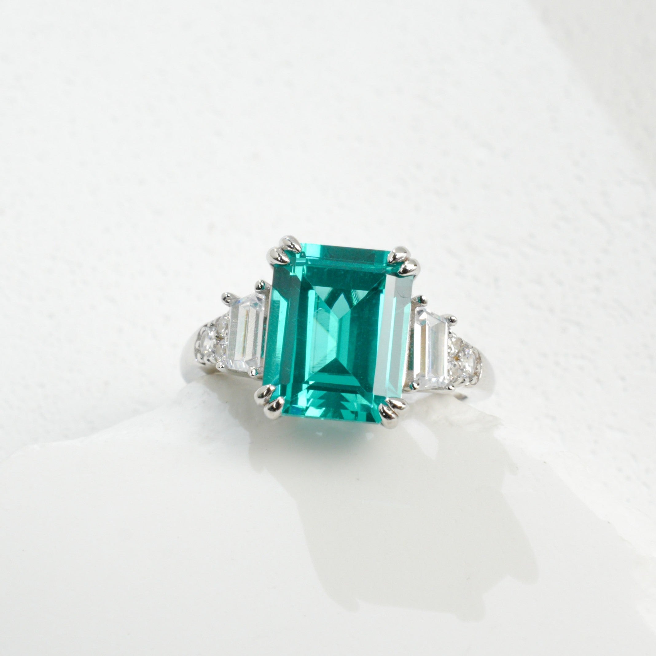 Lab - Grown Paraiba Tourmaline Ring | S925 Sterling Silver Plated 18K Gold, Emerald Cut with Baguette Zircon Accents, Luxury Gemstone Jewelry