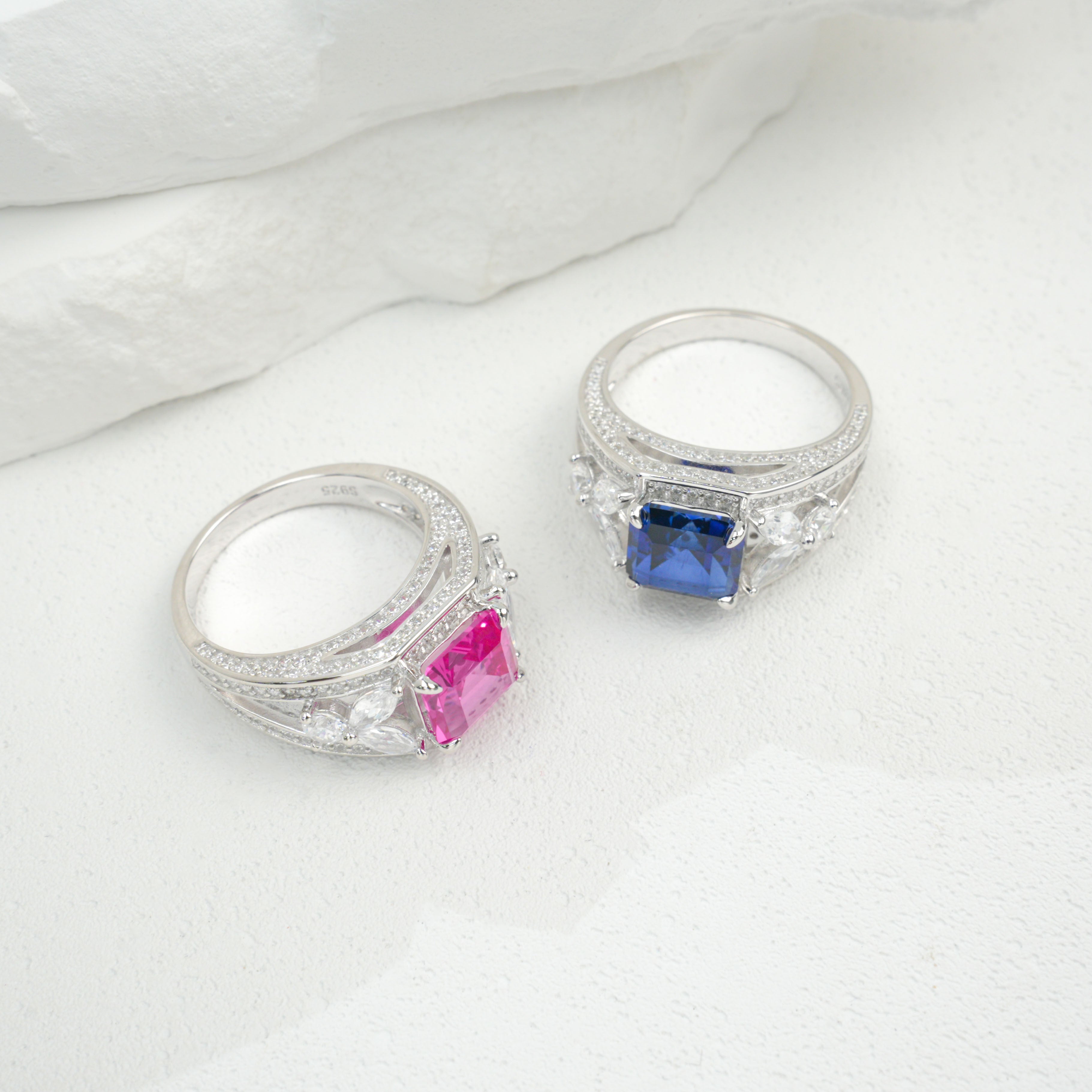 Lab-Grown Padparadscha - Diamond-Halo Rosy Square Soft Crimson Ring