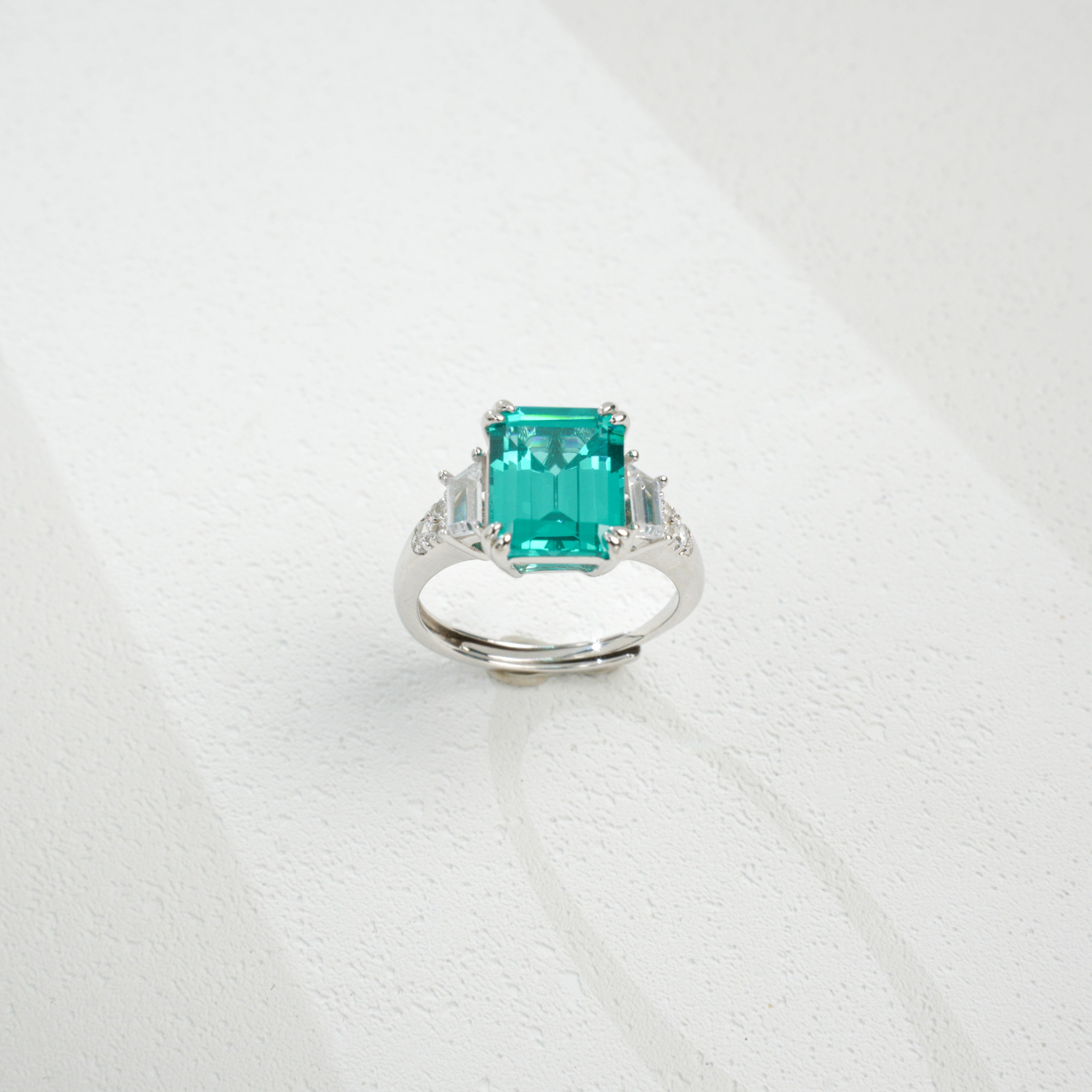 Lab - Grown Paraiba Tourmaline Ring | S925 Sterling Silver Plated 18K Gold, Emerald Cut with Baguette Zircon Accents, Luxury Gemstone Jewelry