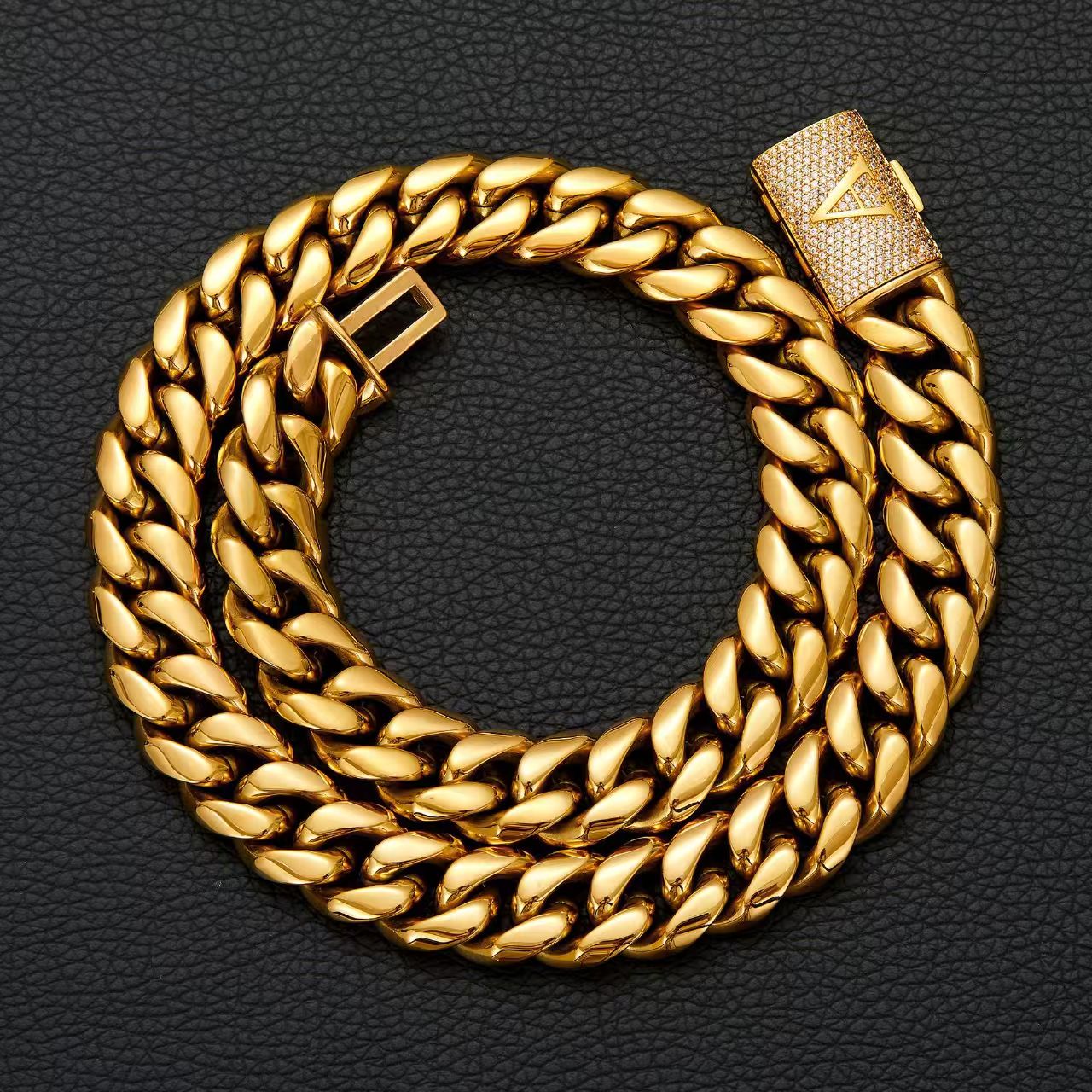 14mm Cuban Link Set - A-Z Custom Initial Iced Out Clasp，18K Gold