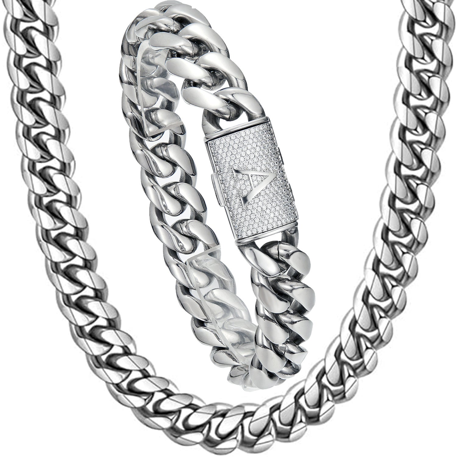 14mm Cuban Link Set - A-M Custom Initial Iced Out Clasp，18K Gold
