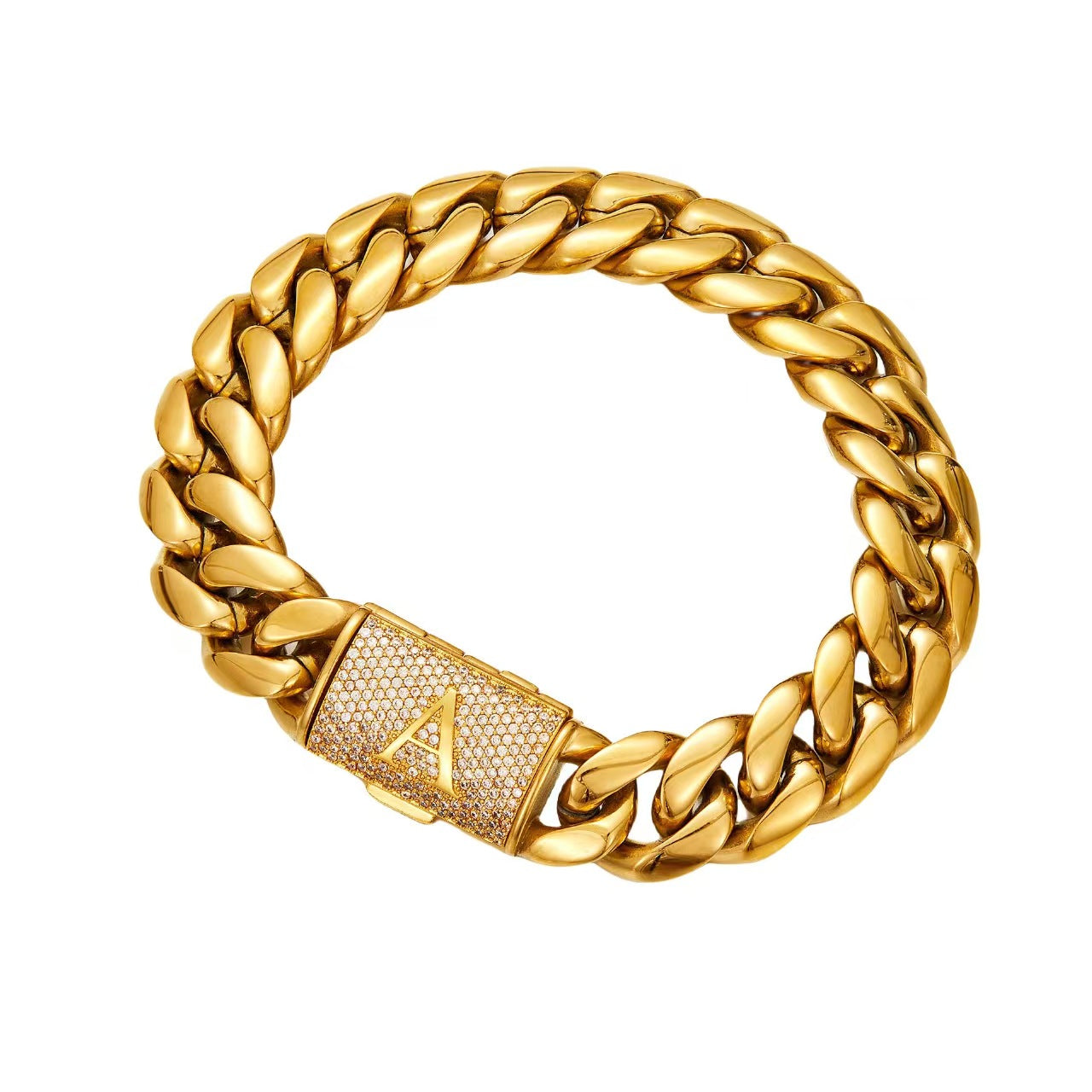 14mm Cuban Link Set - A-Z Custom Initial Iced Out Clasp，18K Gold