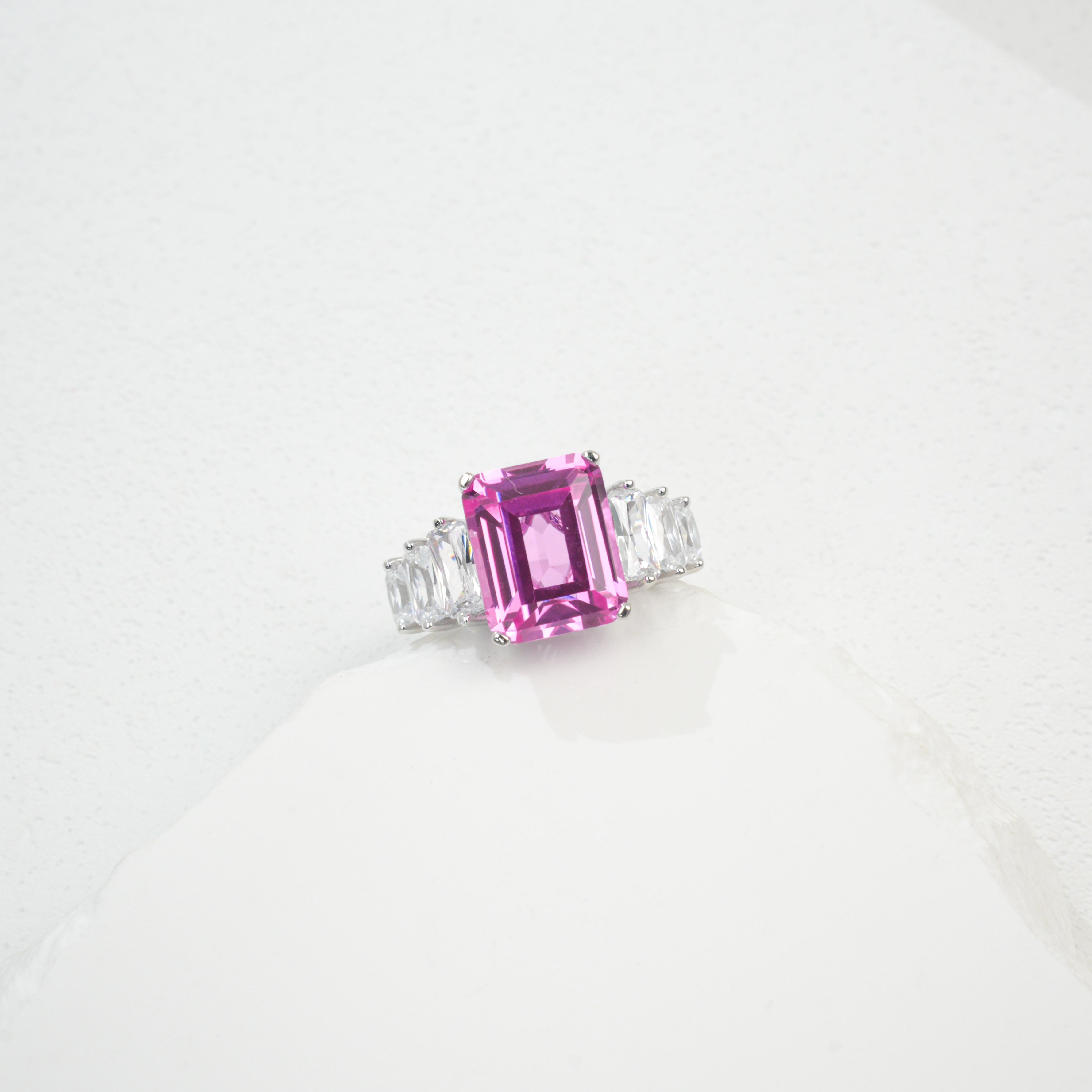 Lab-Grown Padparadscha - Crystal-Accented Rosy Square Soft Pink Ring