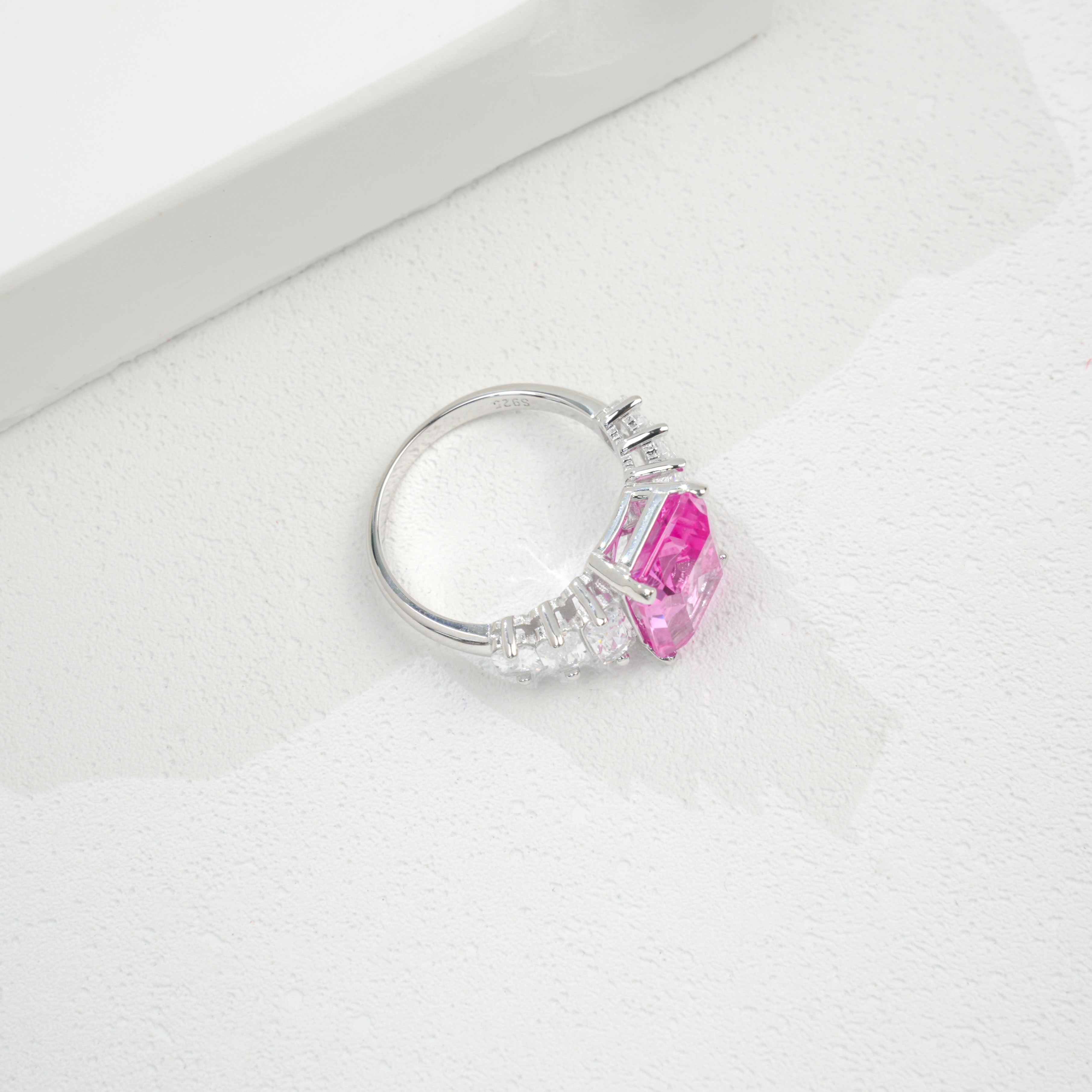 Lab-Grown Padparadscha - Crystal-Accented Rosy Square Soft Pink Ring