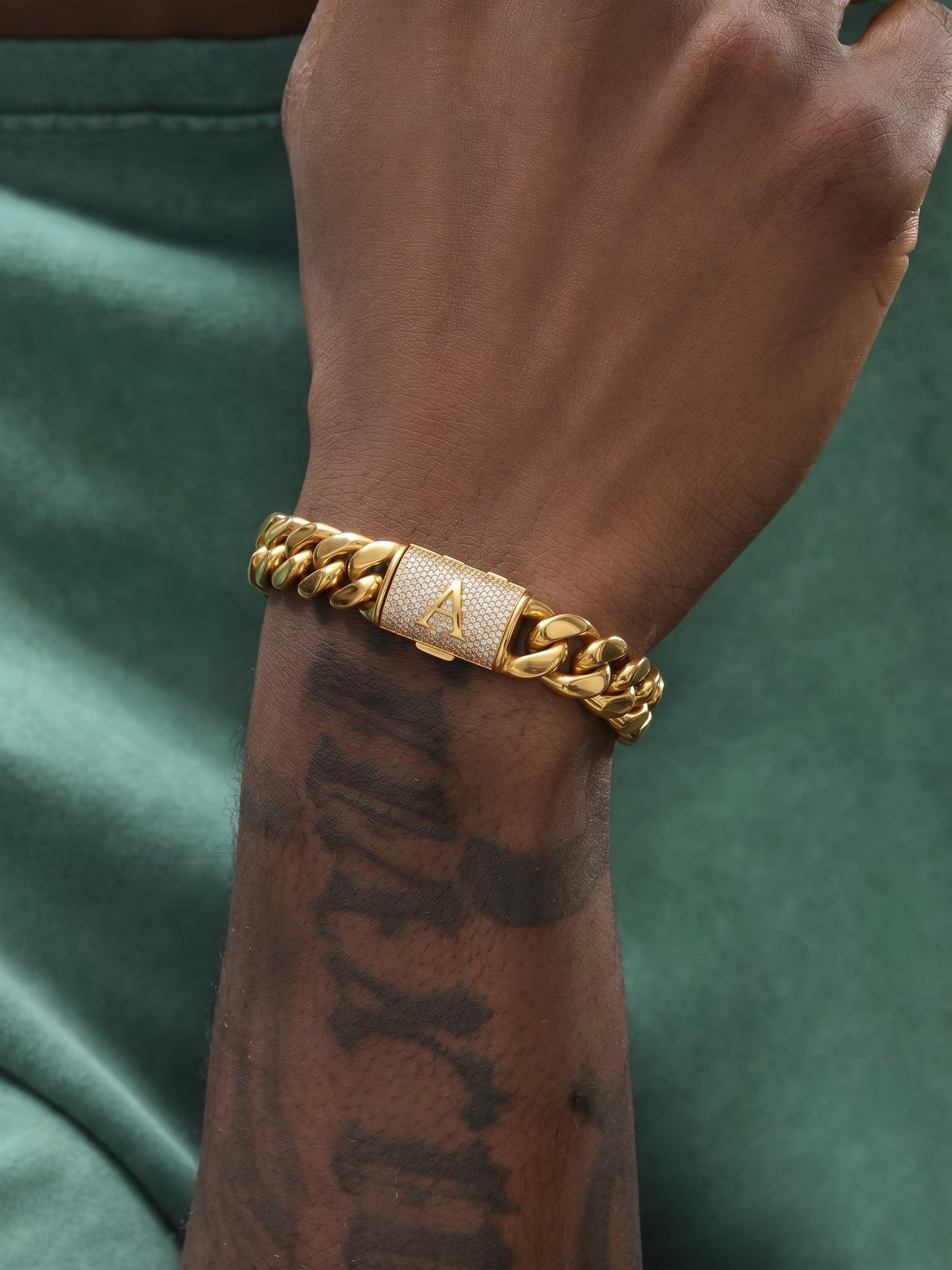 14mm Cuban Link Set - A-Z Custom Initial Iced Out Clasp，18K Gold