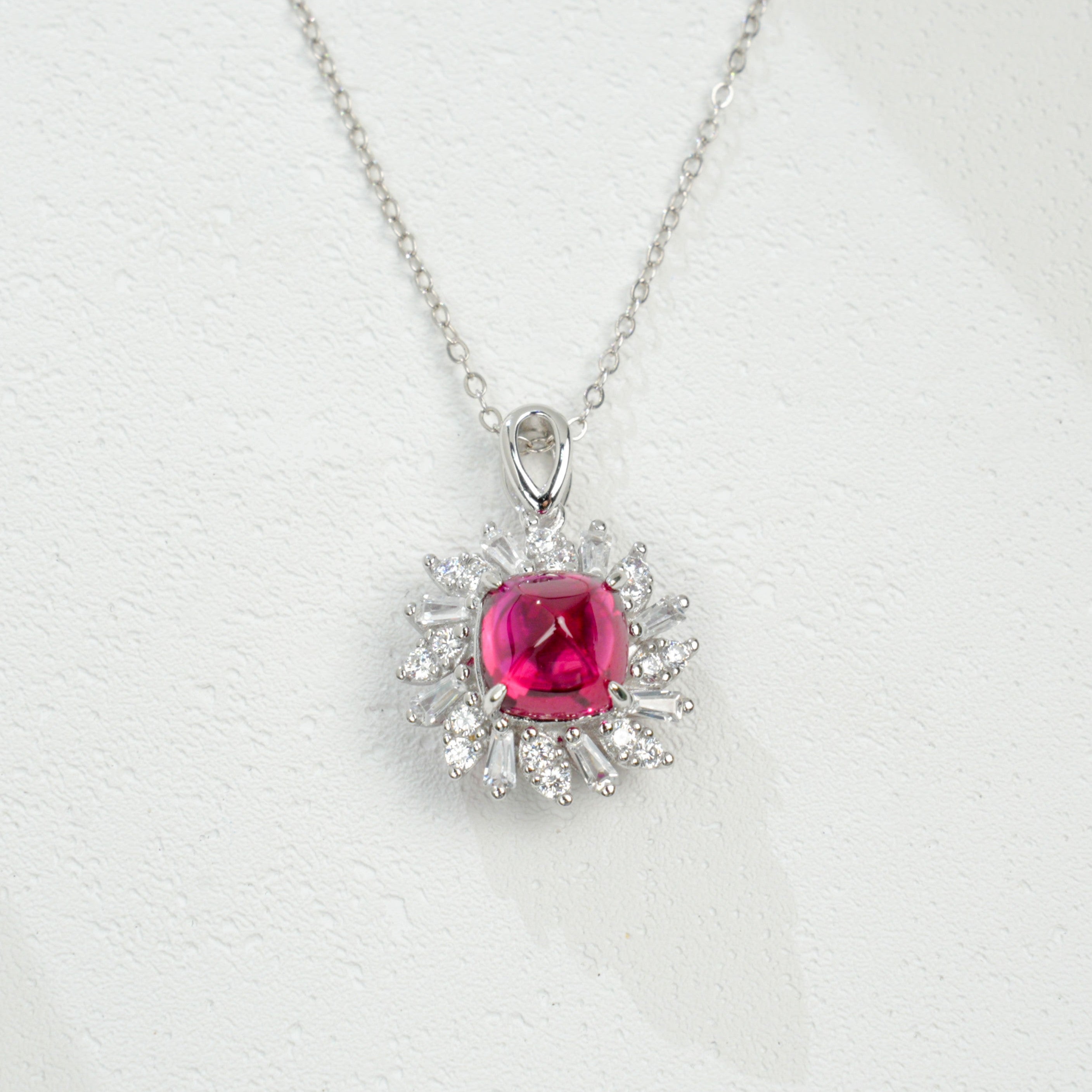 Lab-Grown Ruby Pendant Necklace | S925 Sterling Silver Plated 18K Gold, Cushion Cut with Halo Zircon Accents, Elegant Gemstone Jewelry