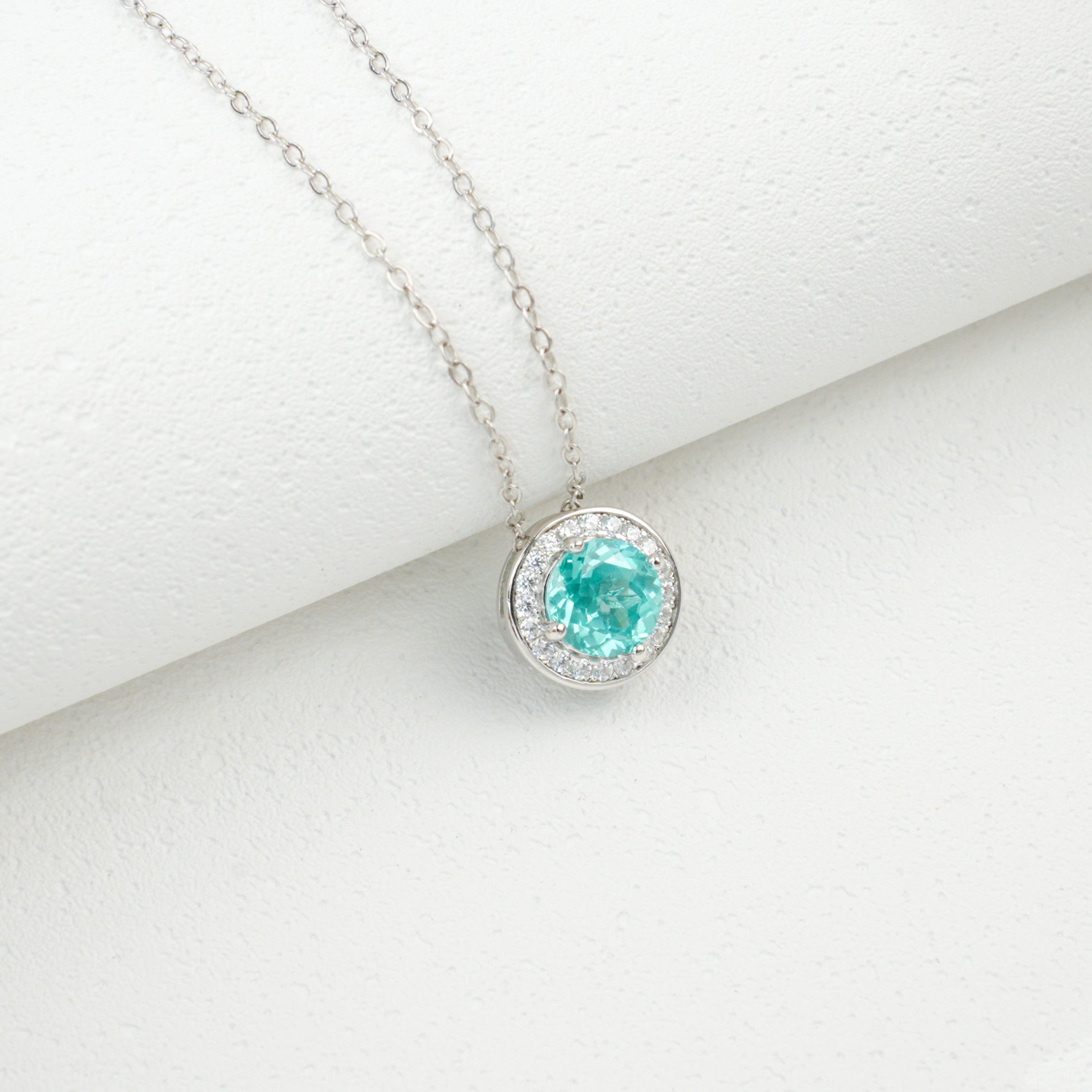 Lab - Grown Paraiba Tourmaline Necklace, S928 Silver Plated with 18K Gold, Halo Diamond - Accented Design